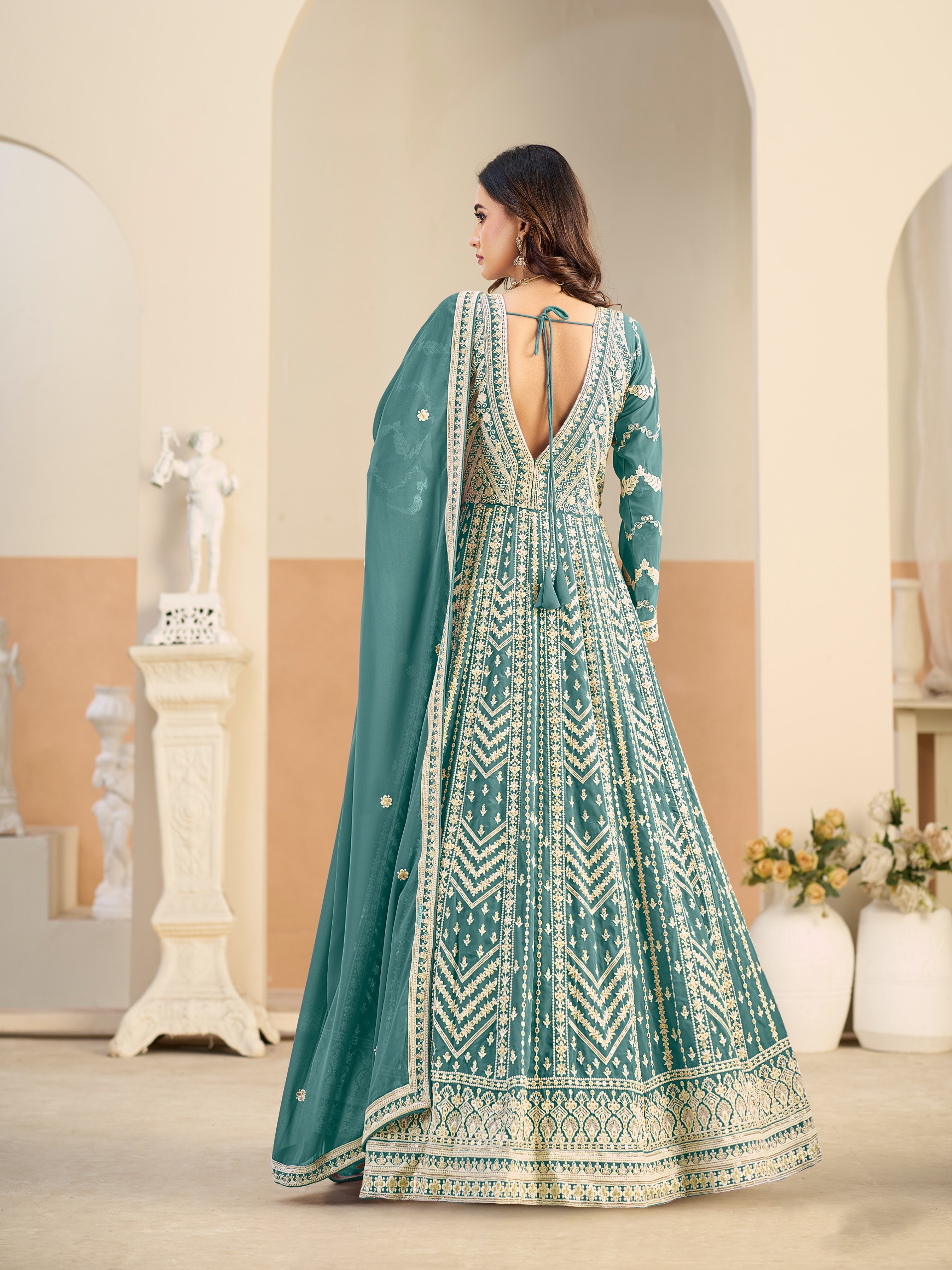 Teal Faux Georgette Designer Embroidered Anarkali Suit — alternate view