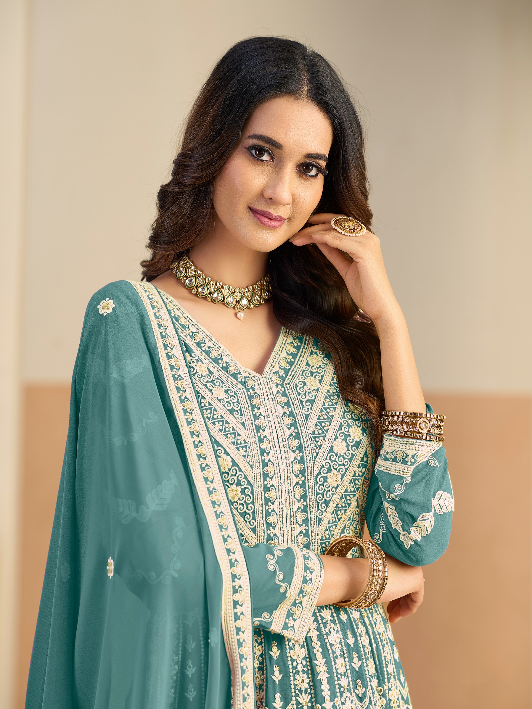 Teal Faux Georgette Designer Embroidered Anarkali Suit