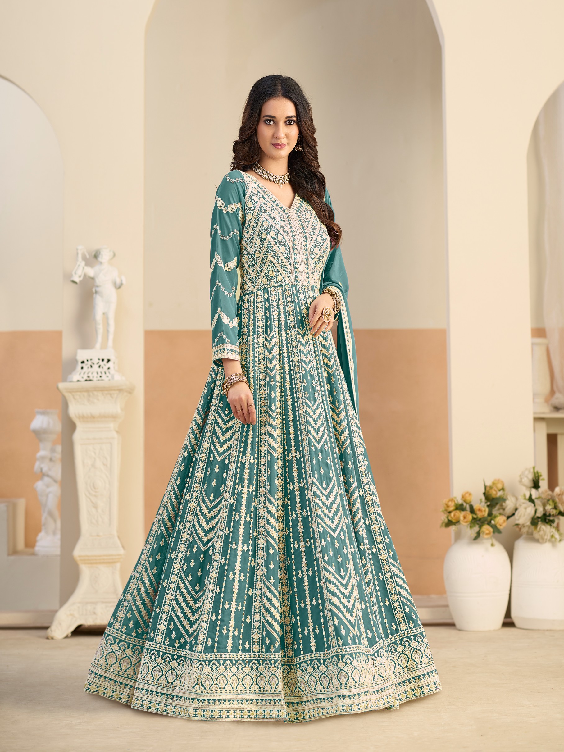 Teal Faux Georgette Designer Embroidered Anarkali Suit