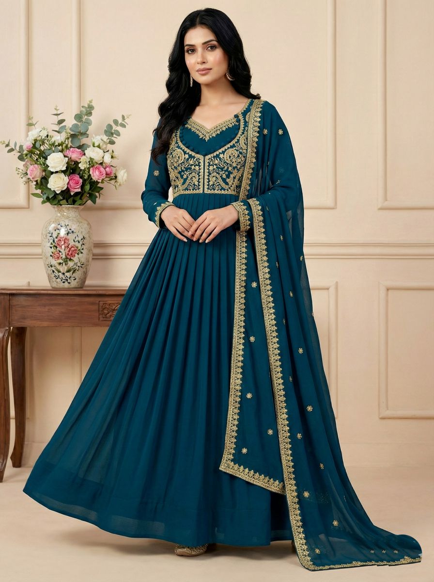 Teal Faux Georgette Sequins & Thread Detail Suit