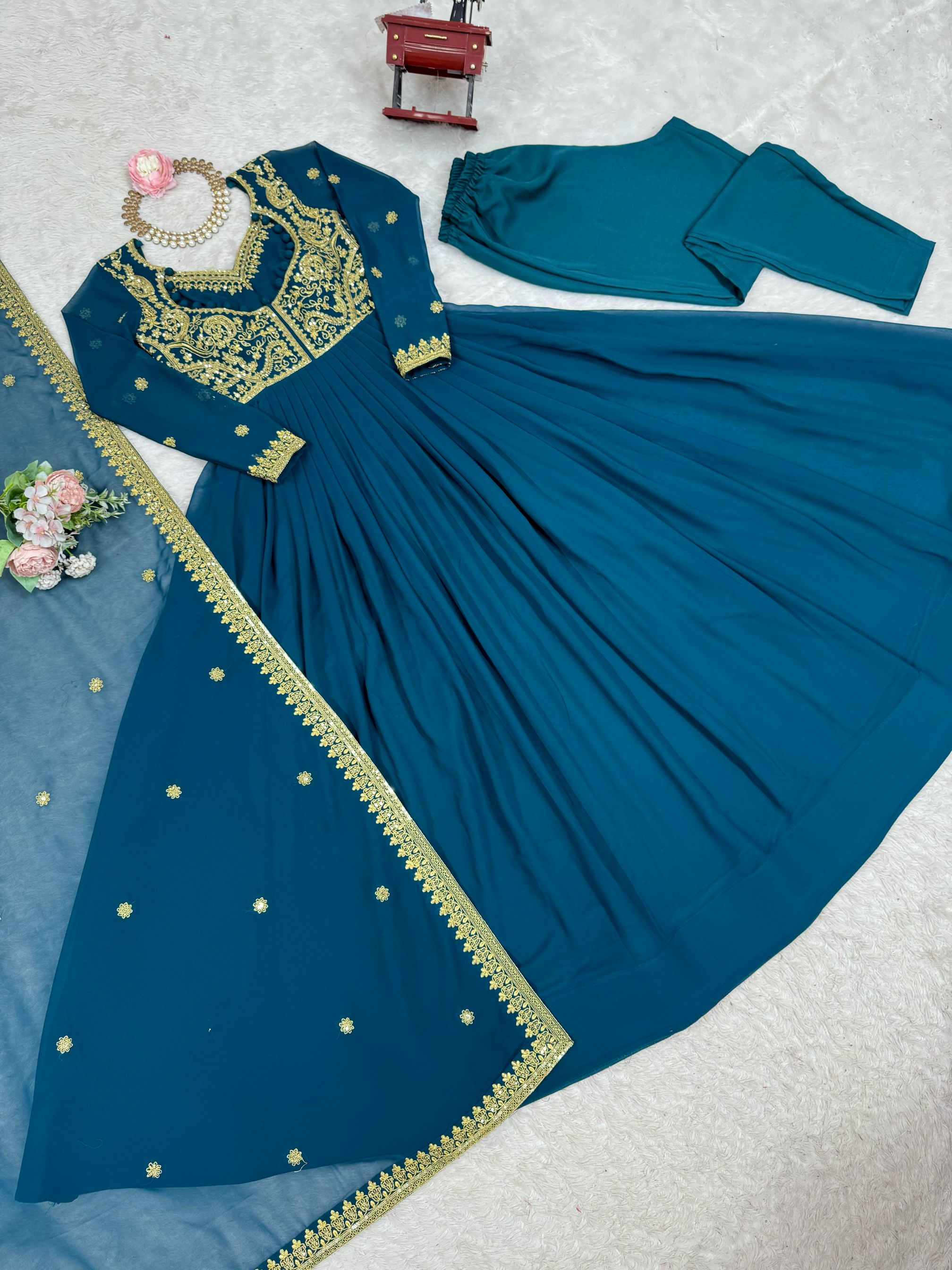 Teal Faux Georgette Sequins & Thread Detail Suit — alternate view