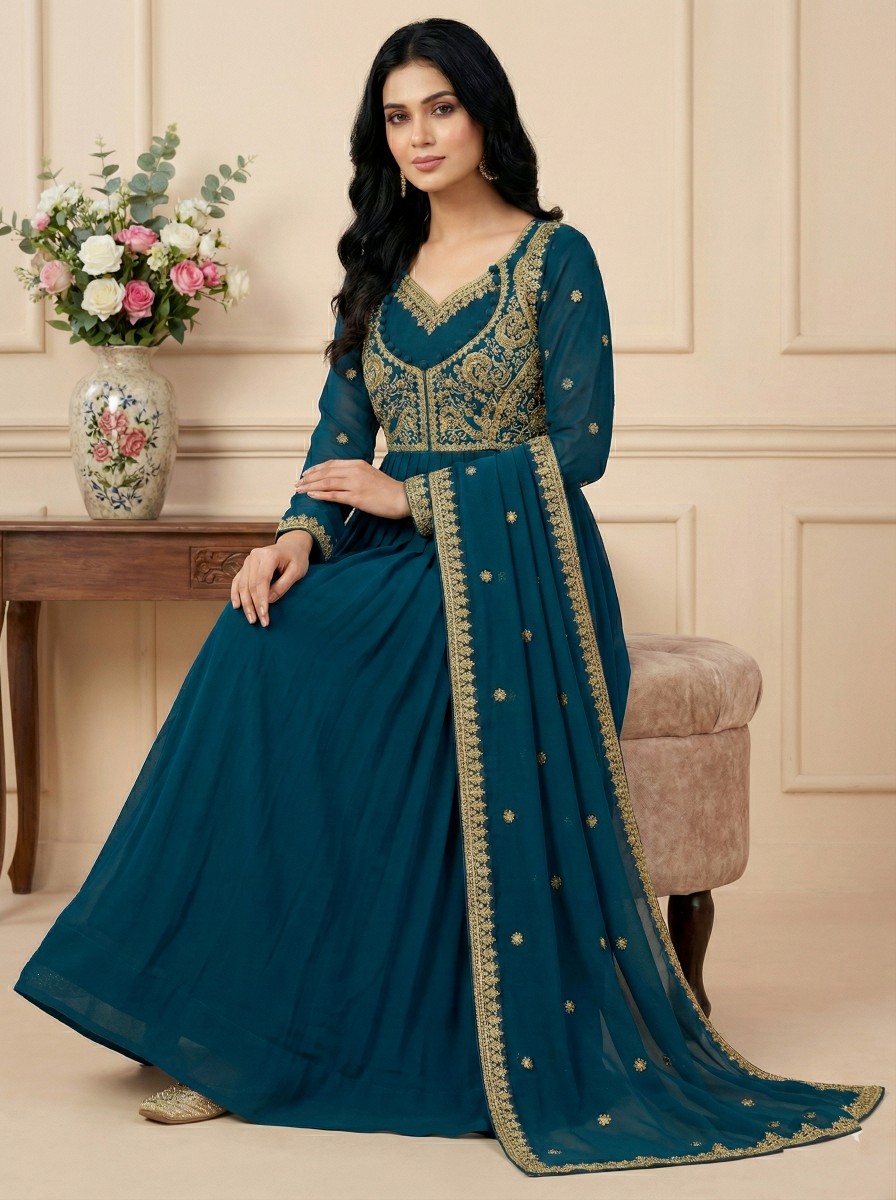 Teal Faux Georgette Sequins & Thread Detail Suit