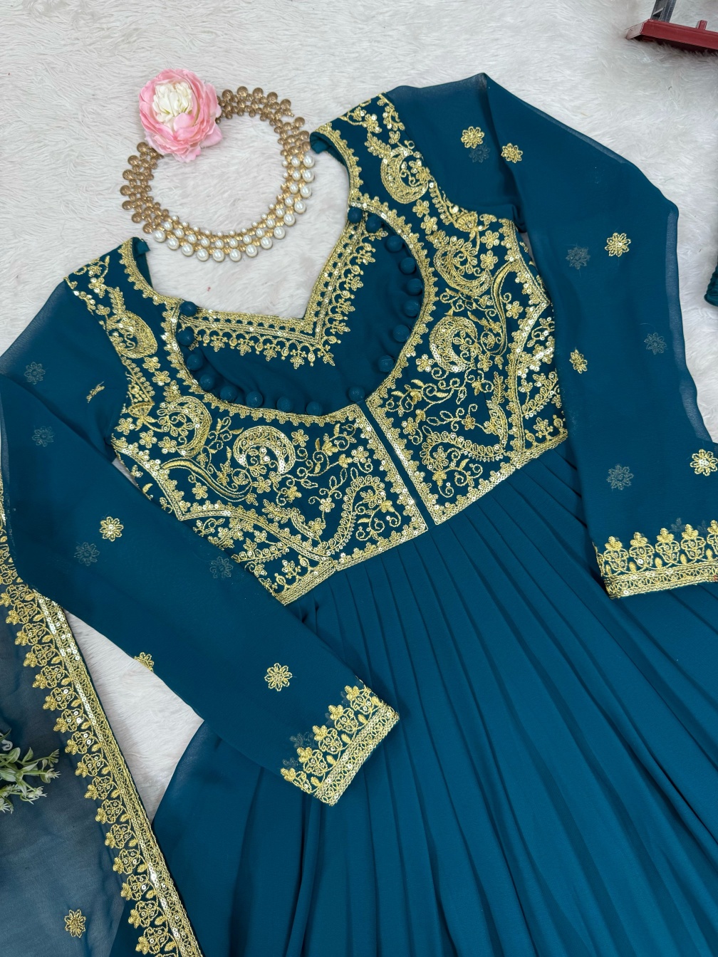 Teal Faux Georgette Sequins & Thread Detail Suit