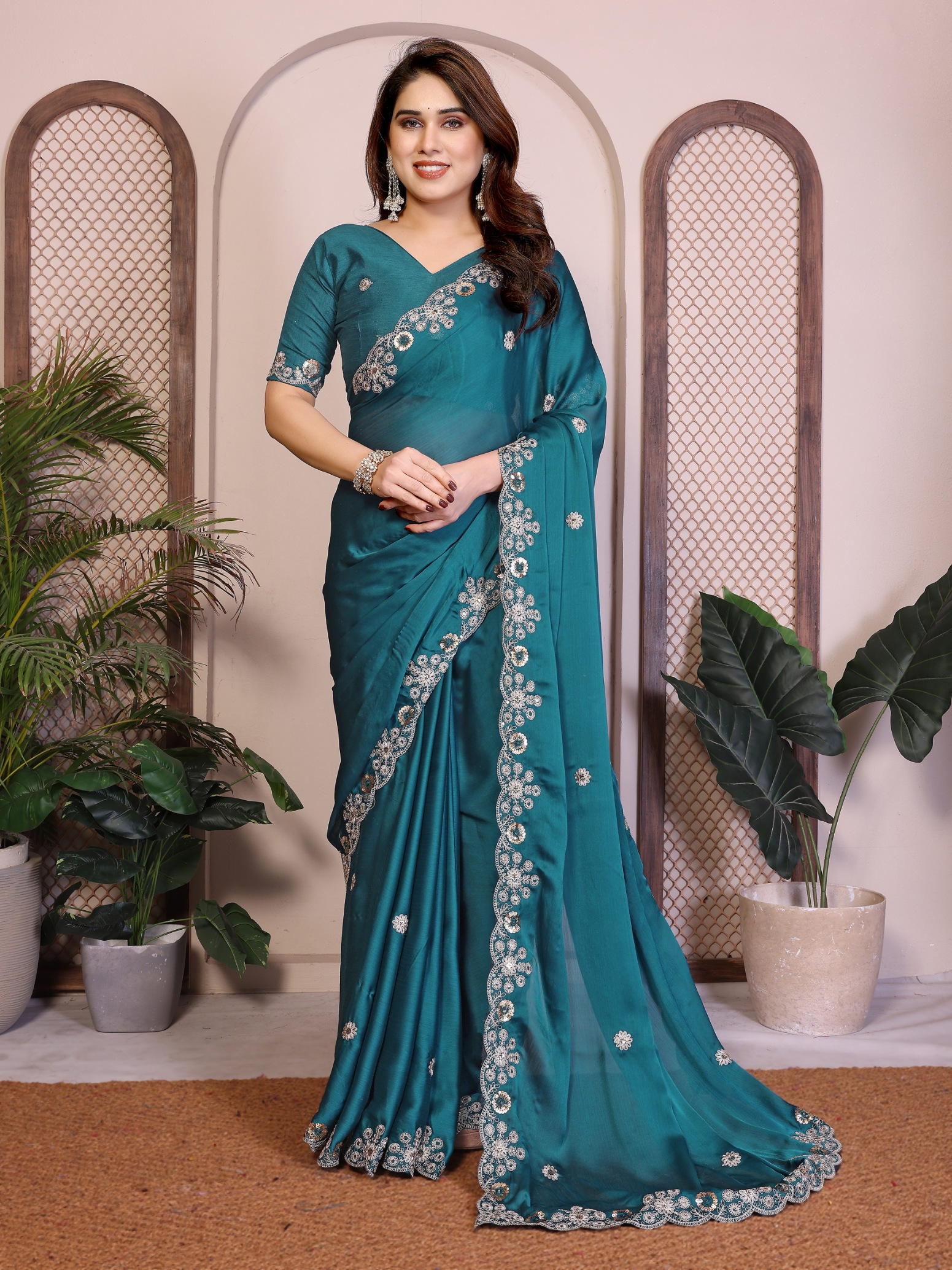 Teal Floral Border Satin Chiffon Designer Saree