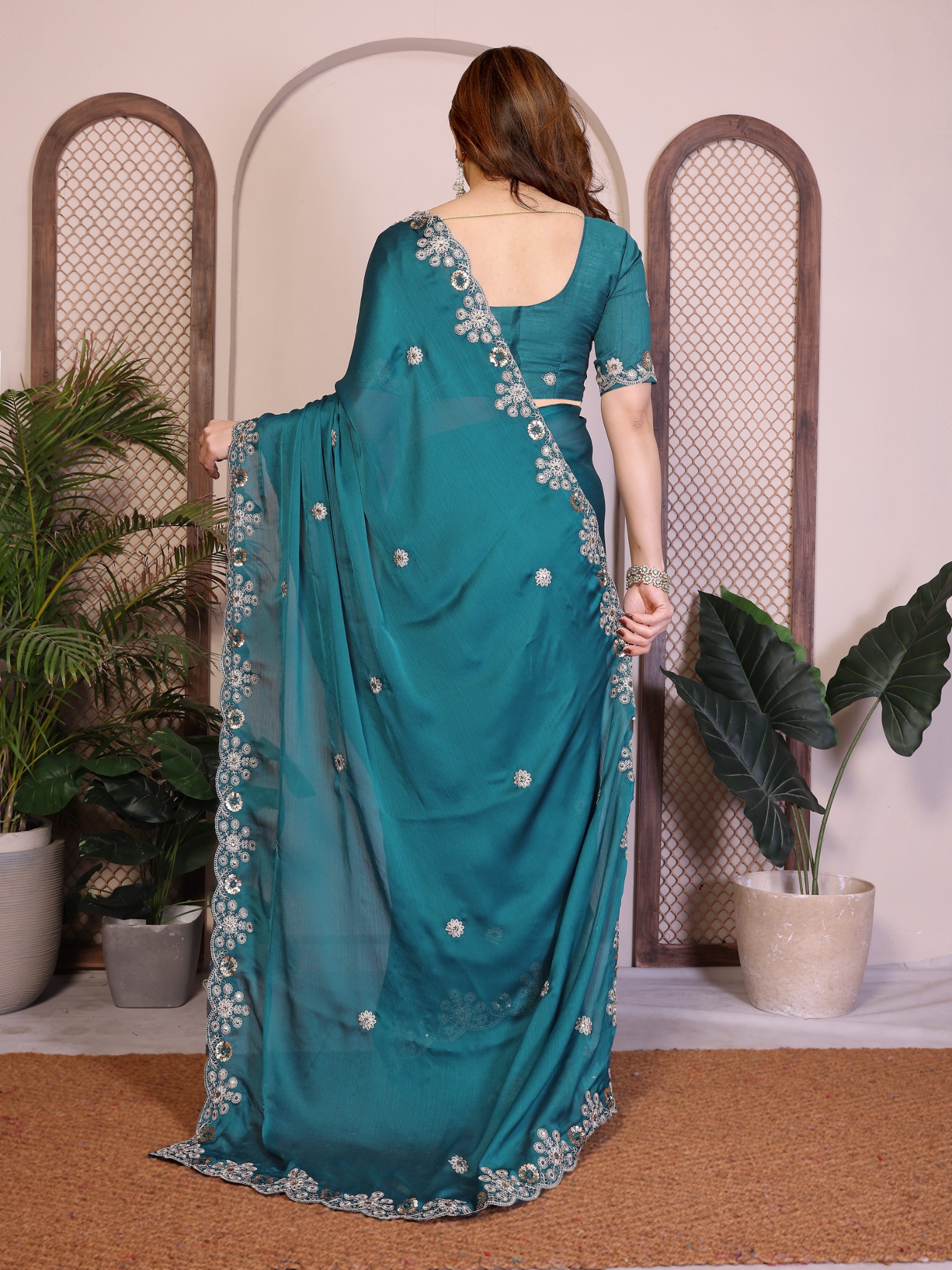 Teal Floral Border Satin Chiffon Designer Saree — alternate view