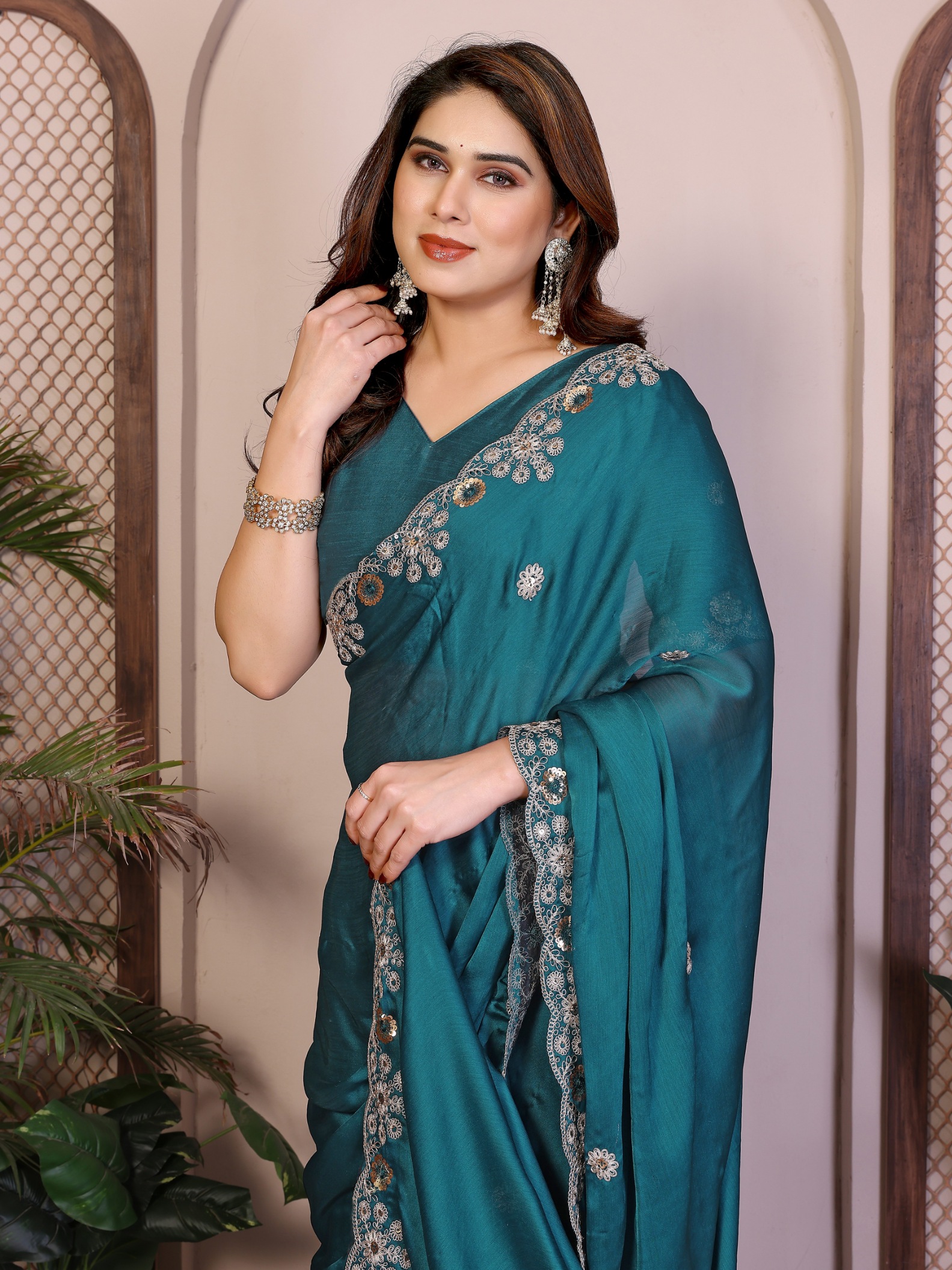 Teal Floral Border Satin Chiffon Designer Saree