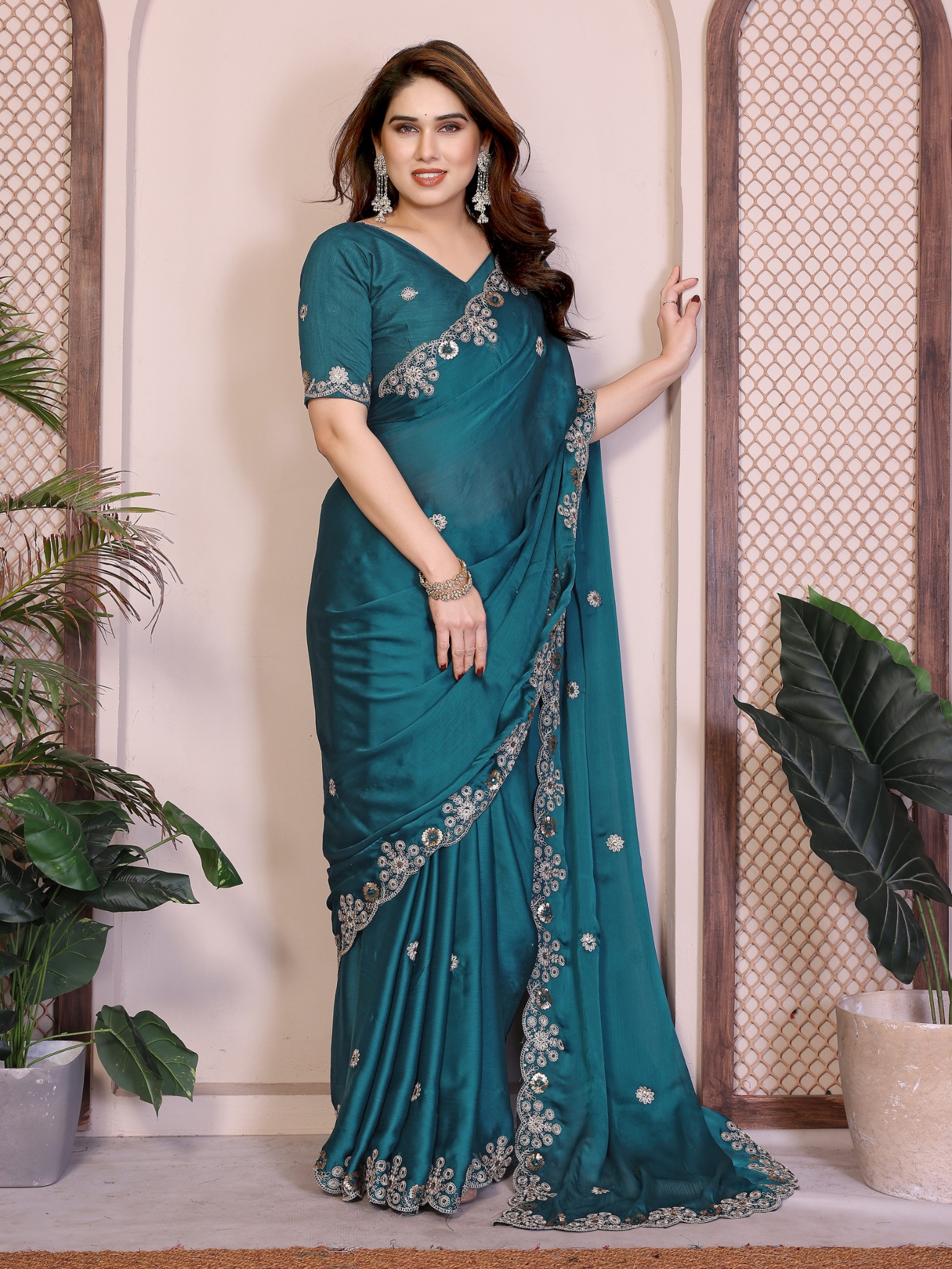 Teal Floral Border Satin Chiffon Designer Saree