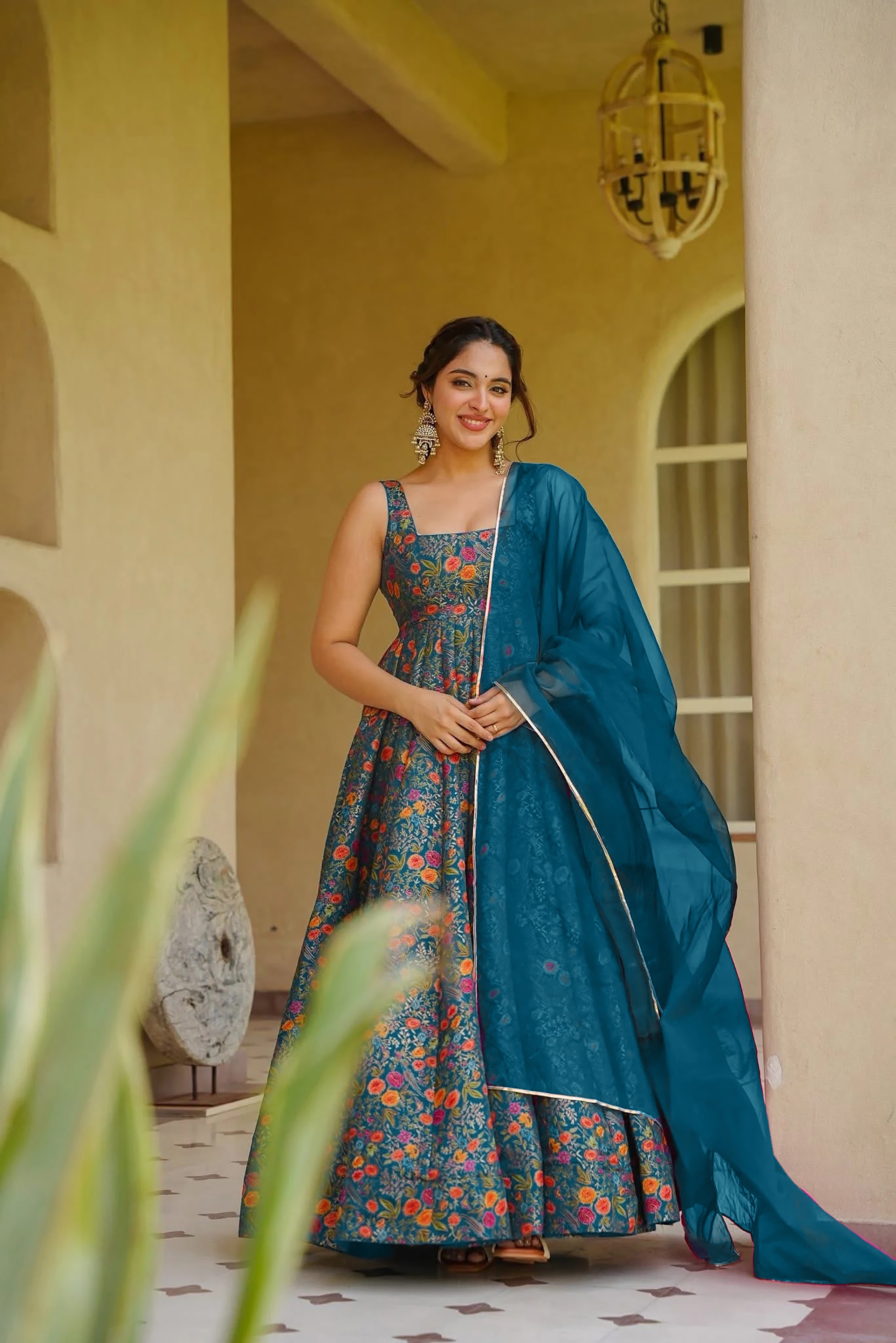 Teal Floral Digital Print Silk Empire Gown