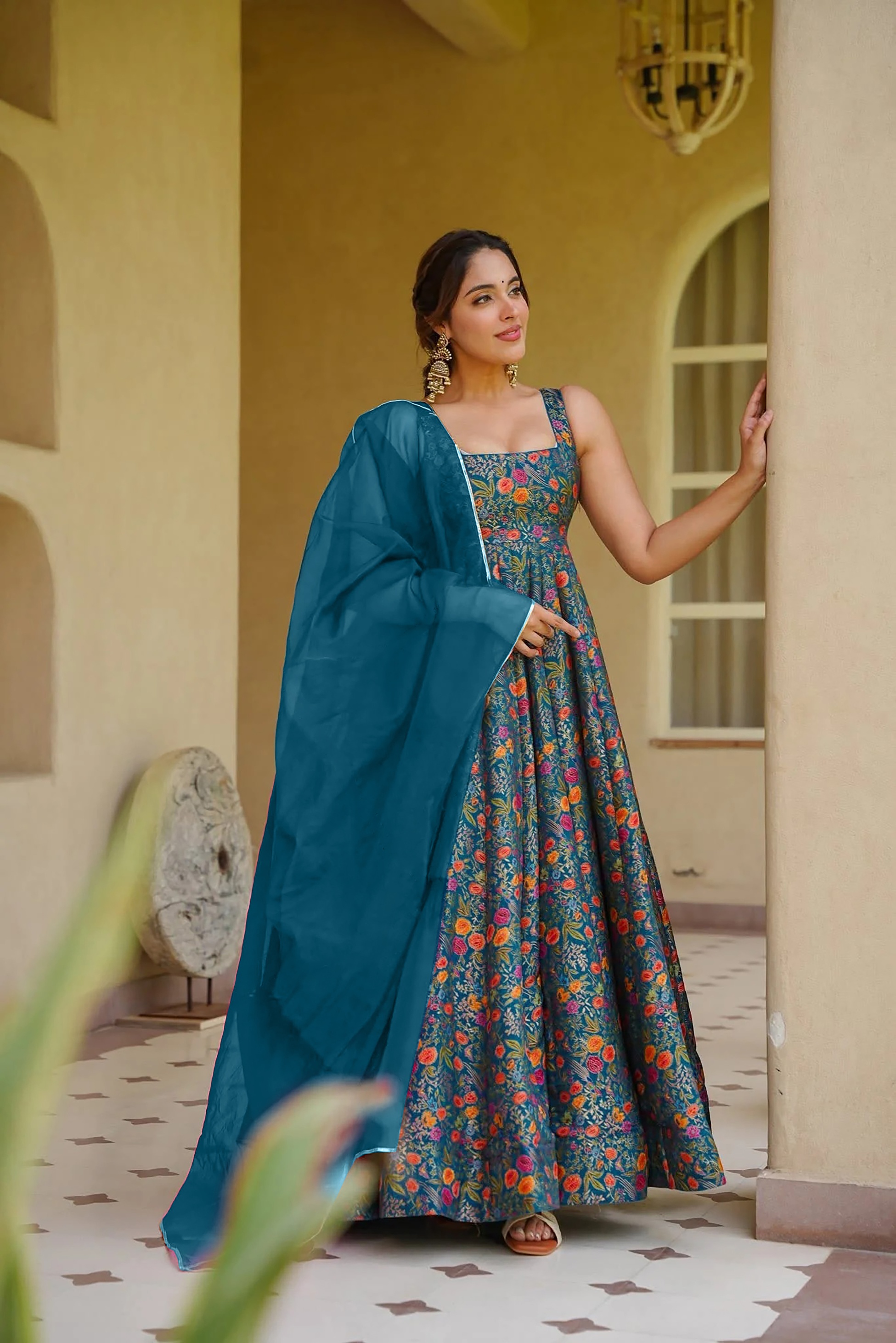 Teal Floral Digital Print Silk Empire Gown