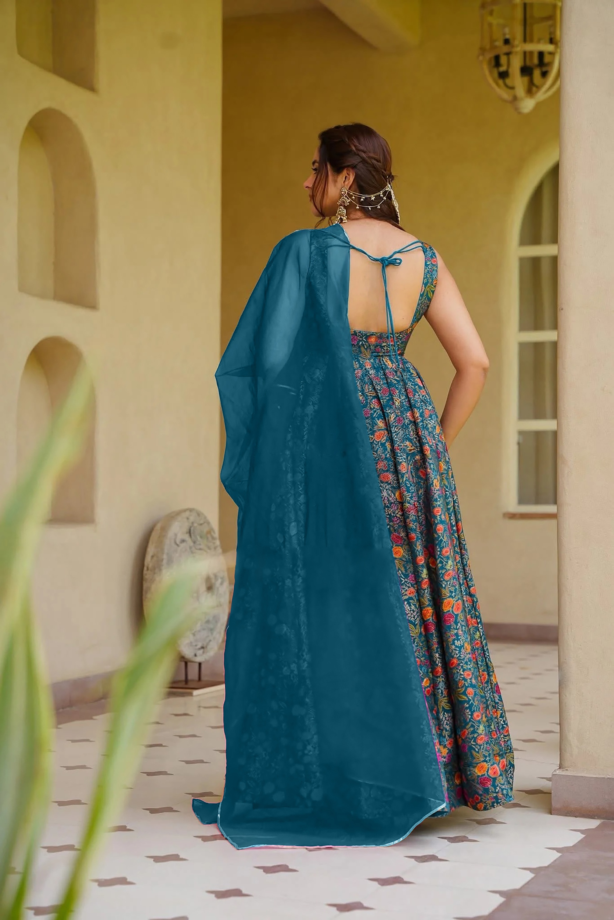 Teal Floral Digital Print Silk Empire Gown
