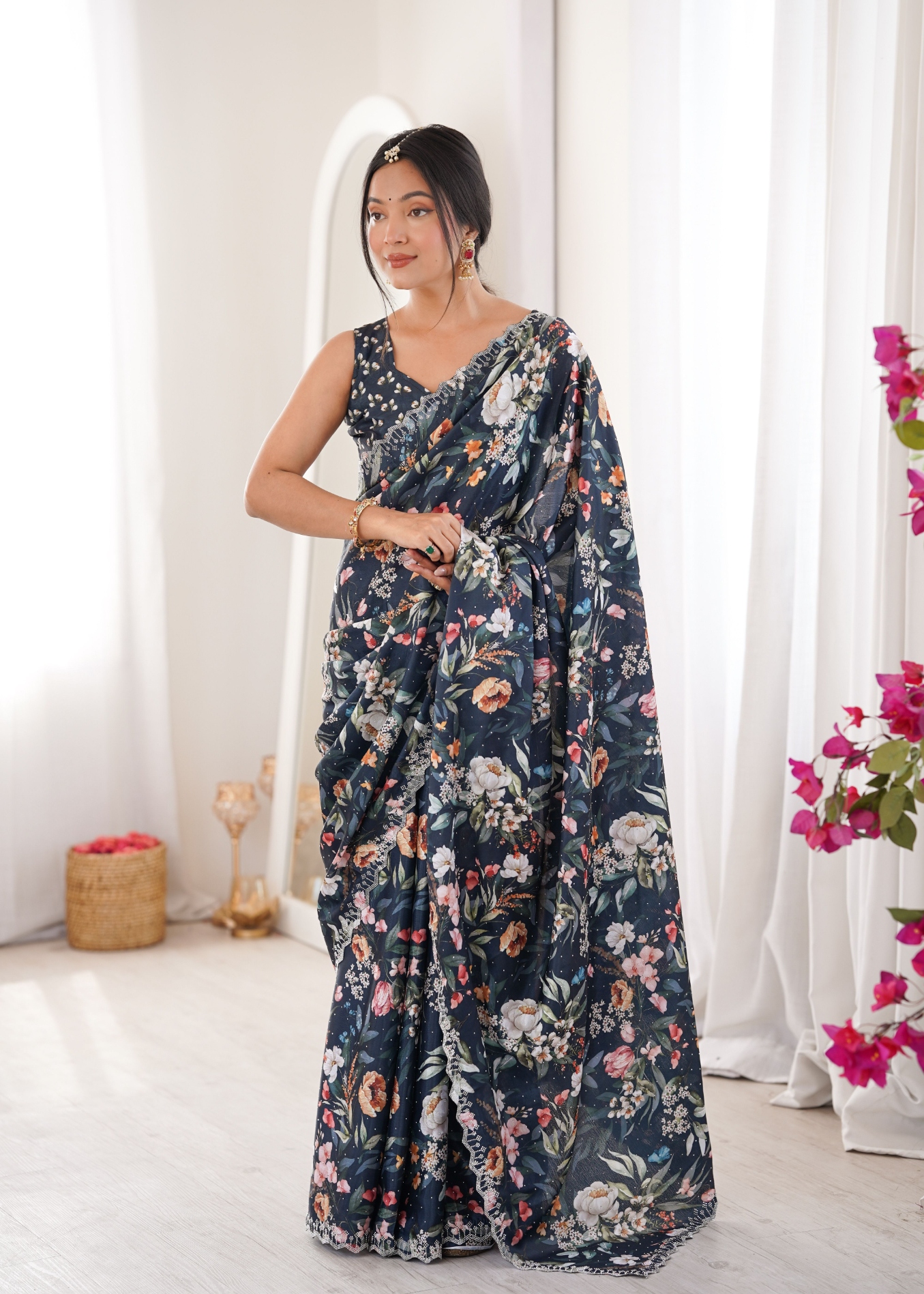 Teal Floral Digital Printed Chinon Saree