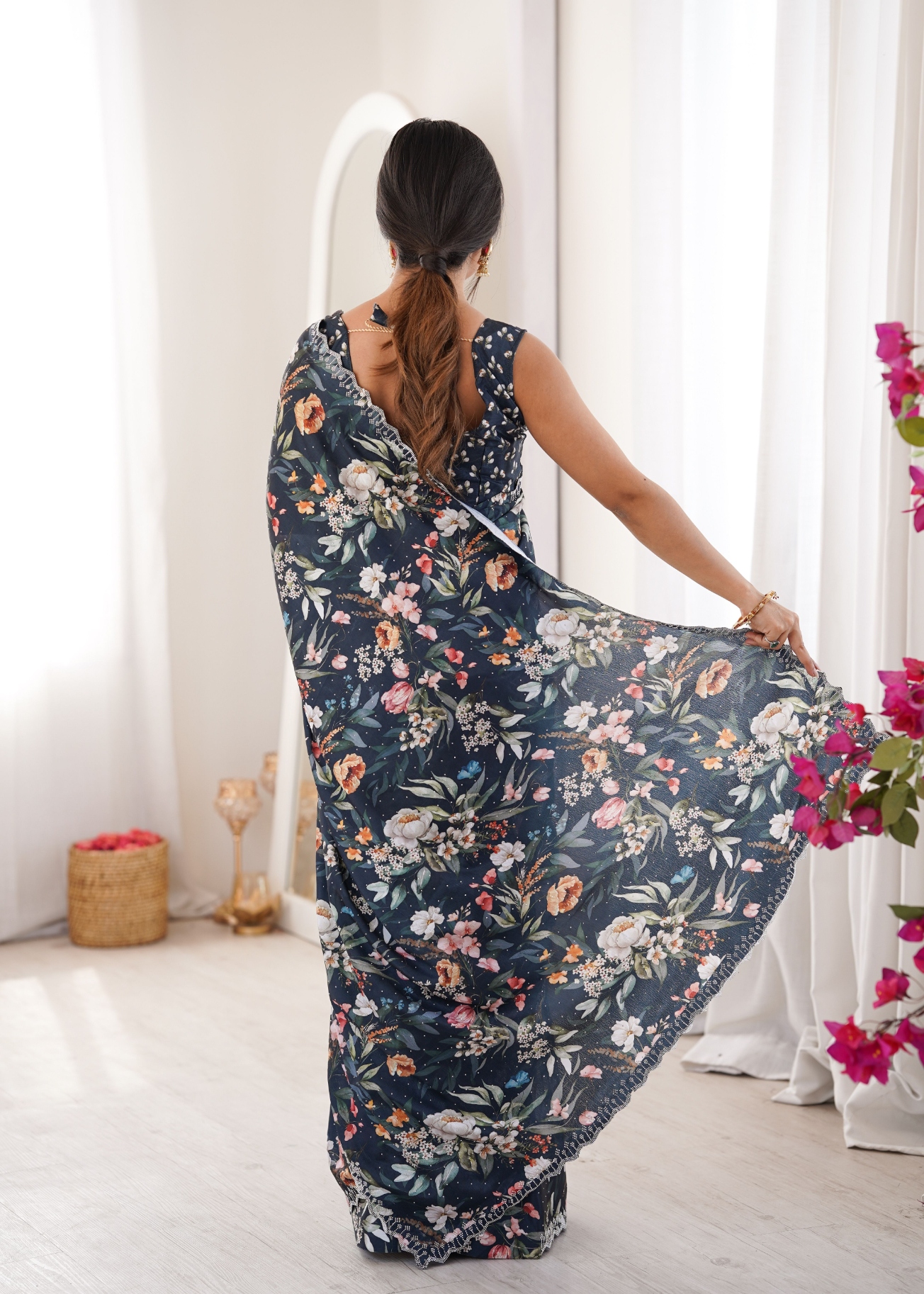 Teal Floral Digital Printed Chinon Saree — alternate view