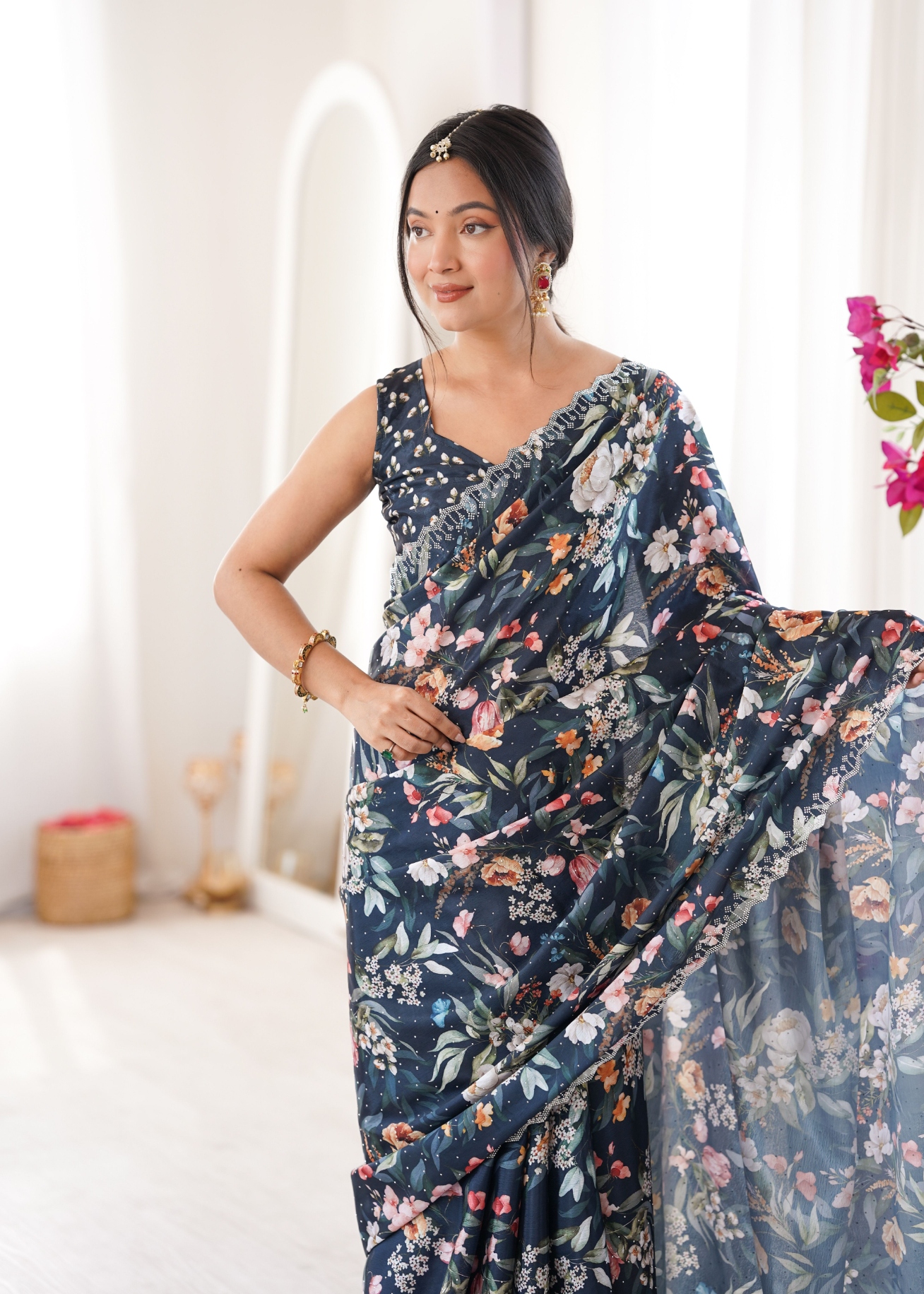 Teal Floral Digital Printed Chinon Saree