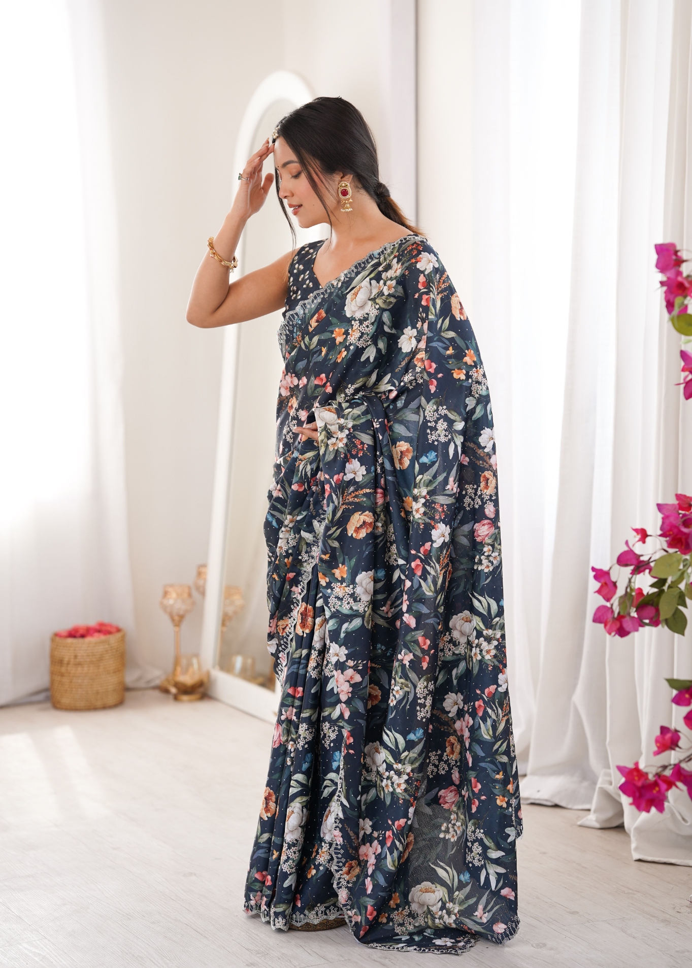 Teal Floral Digital Printed Chinon Saree
