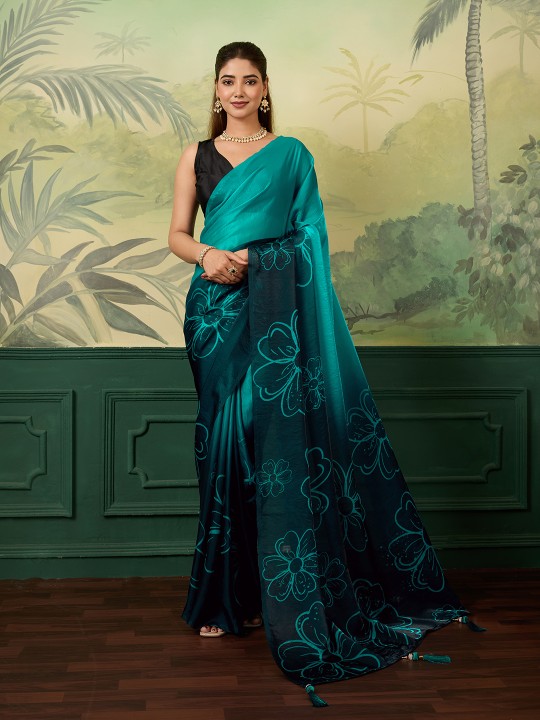 Teal Floral Digital Printed Satin Silk Saree