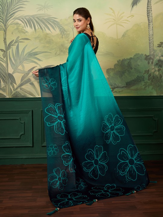 Teal Floral Digital Printed Satin Silk Saree — alternate view