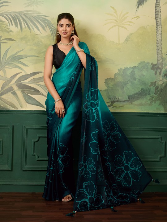 Teal Floral Digital Printed Satin Silk Saree