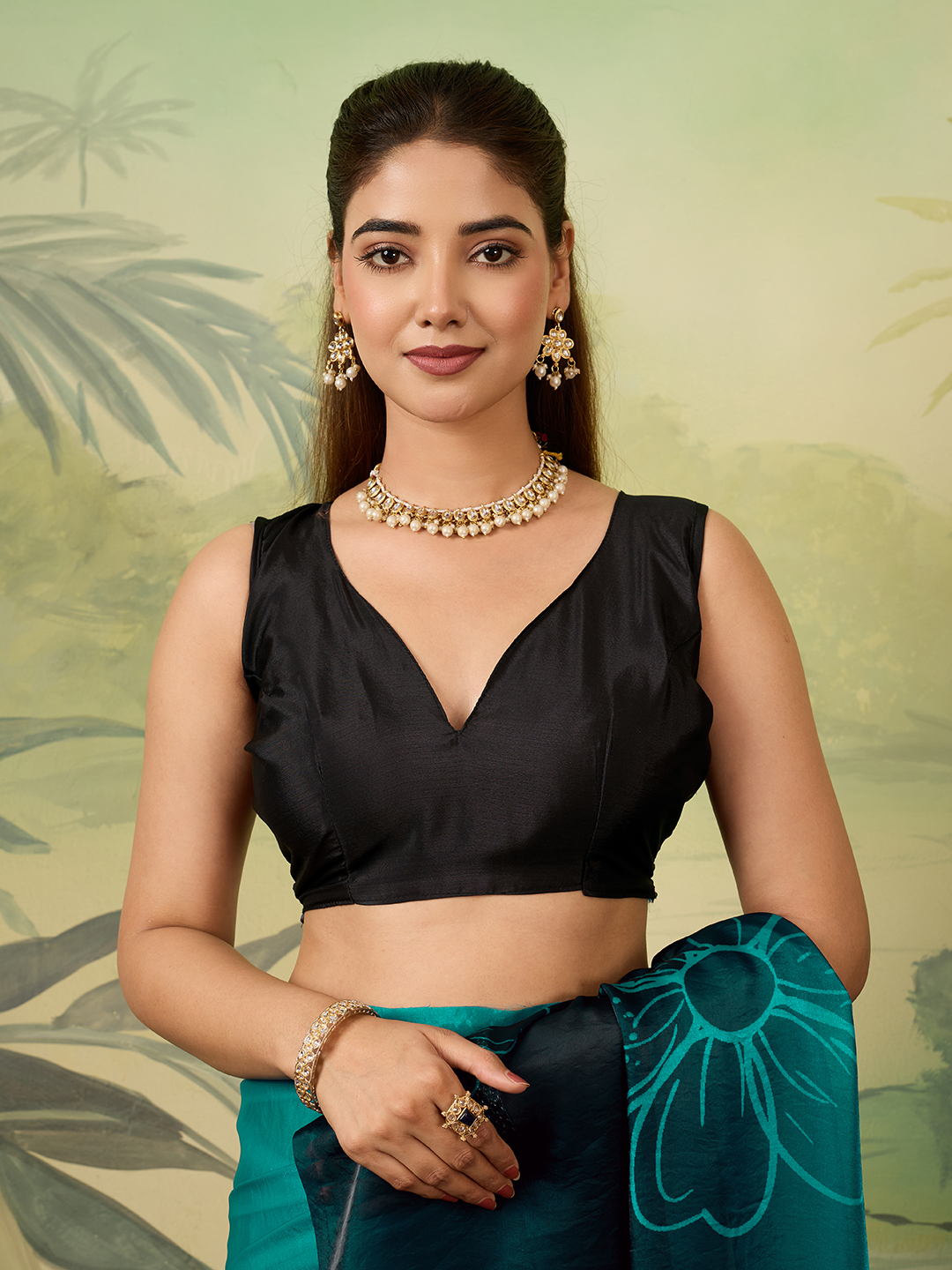 Teal Floral Digital Printed Satin Silk Saree