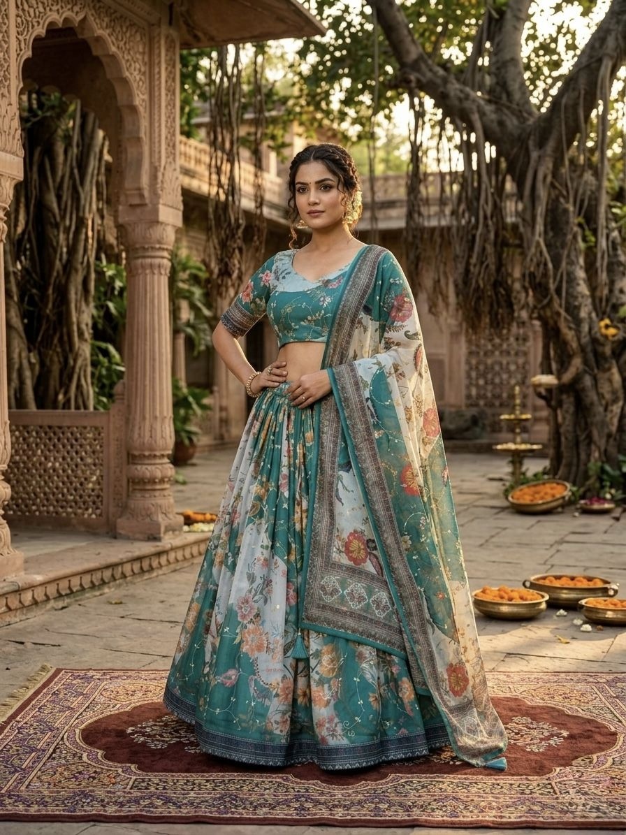 Teal Floral Digital Tabby Silk Heritage Lehenga Choli