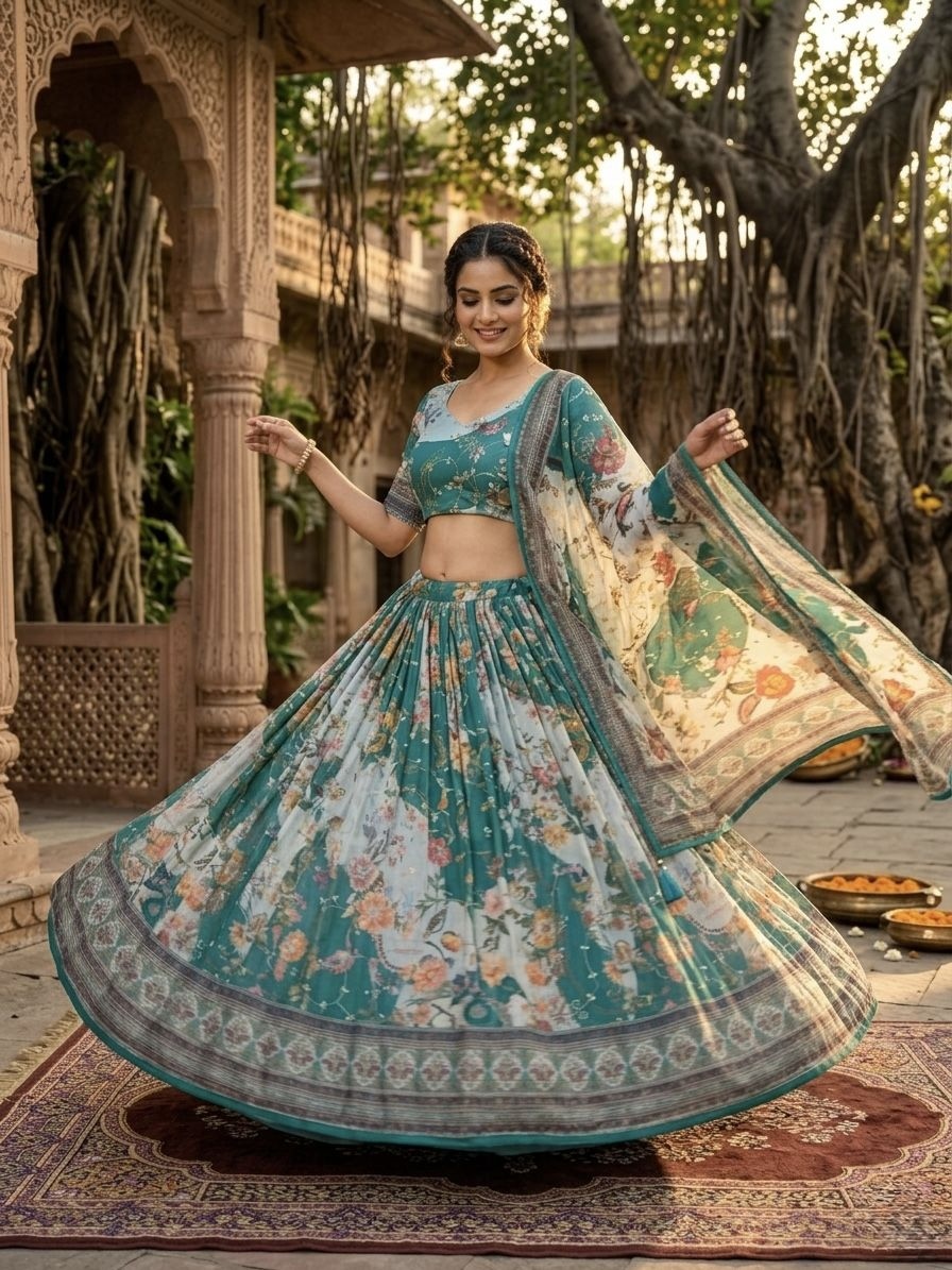 Teal Floral Digital Tabby Silk Heritage Lehenga Choli — alternate view