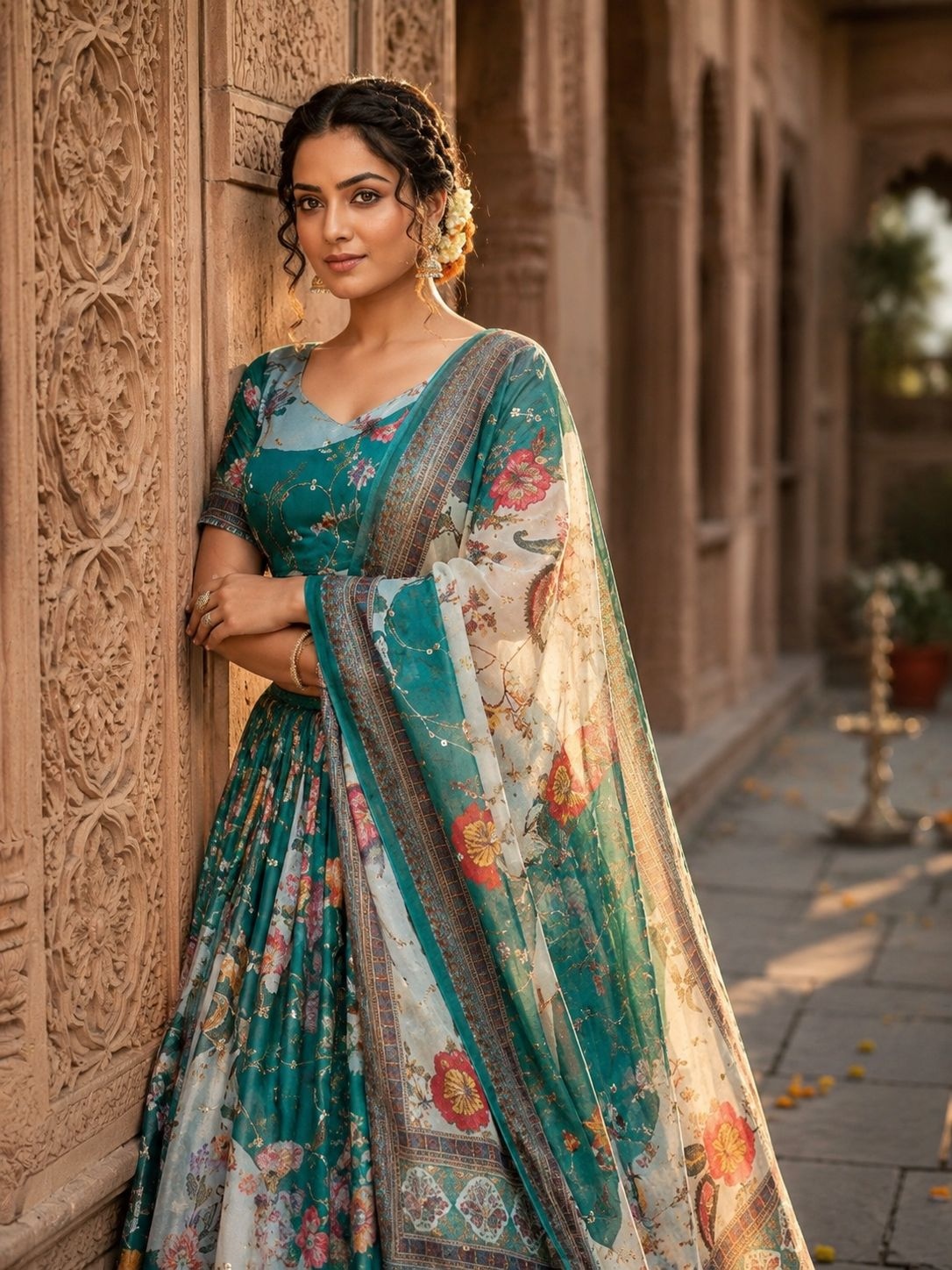 Teal Floral Digital Tabby Silk Heritage Lehenga Choli