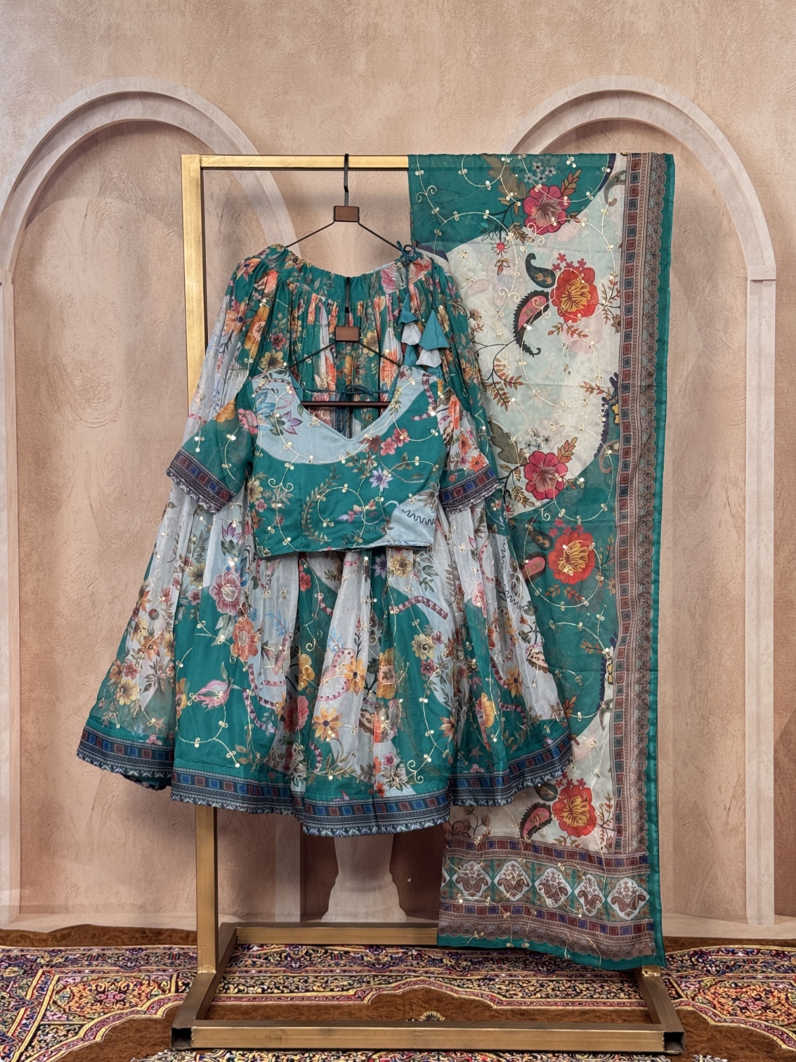 Teal Floral Digital Tabby Silk Heritage Lehenga Choli