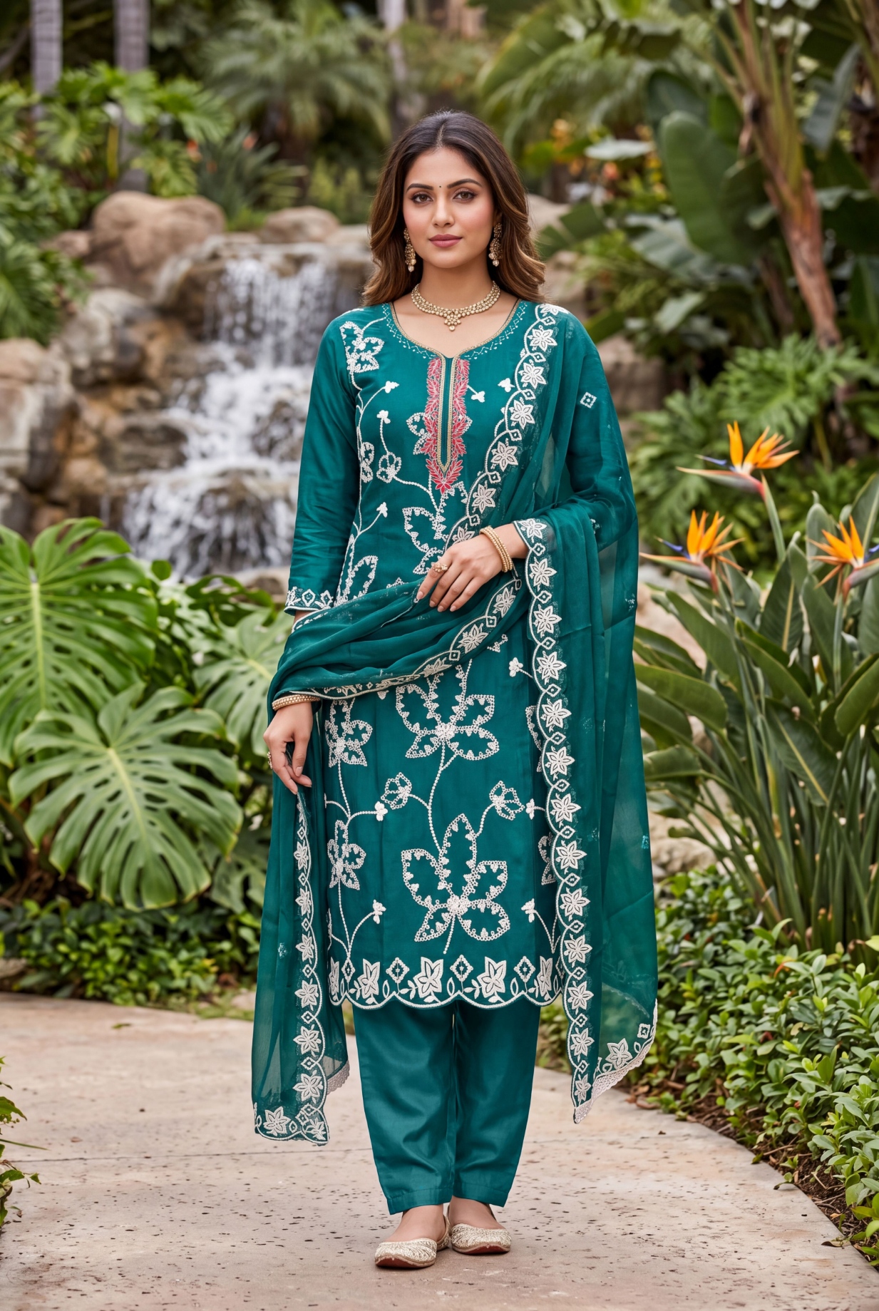 Teal Floral Embroidered Cotton Straight Suit