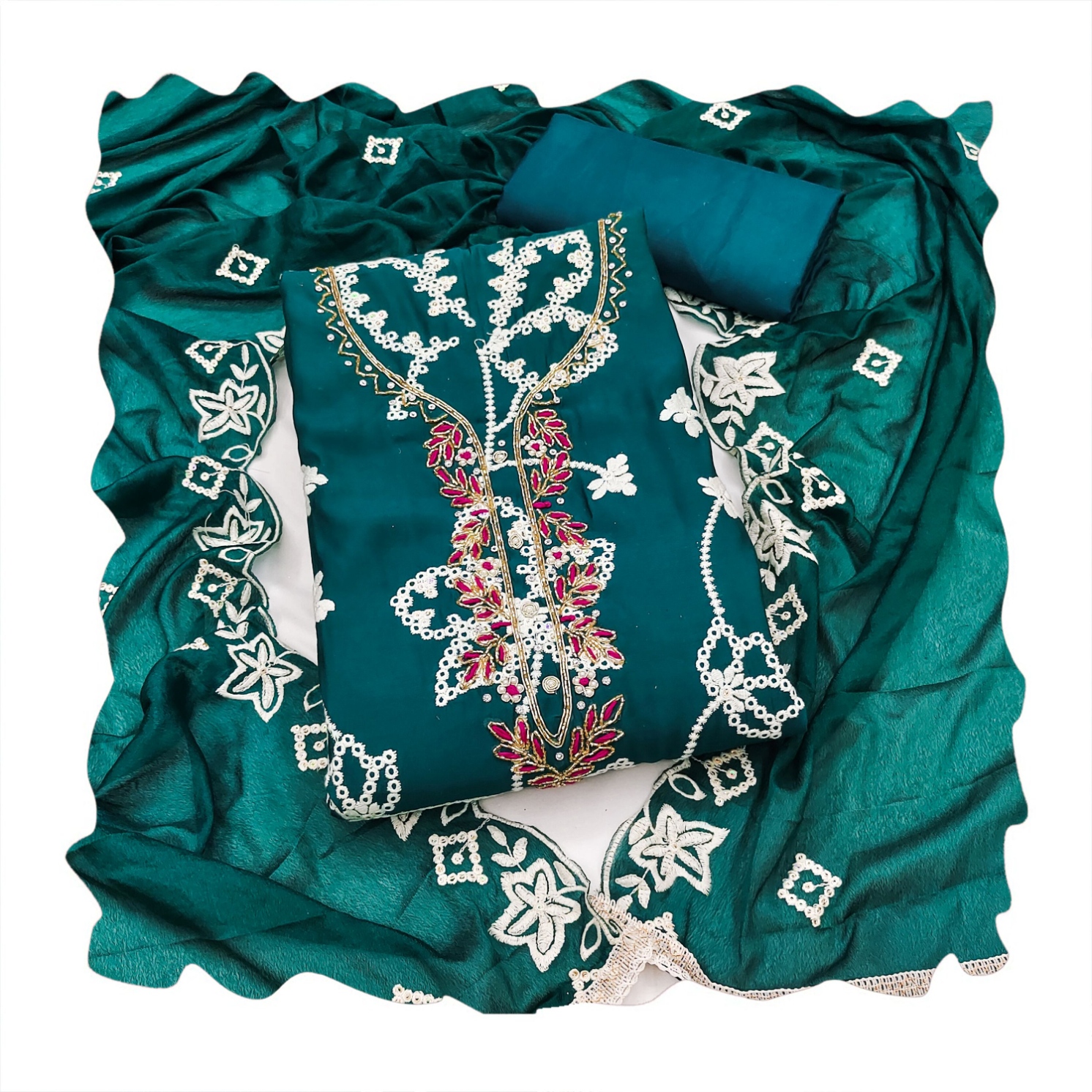 Teal Floral Embroidered Cotton Straight Suit — alternate view