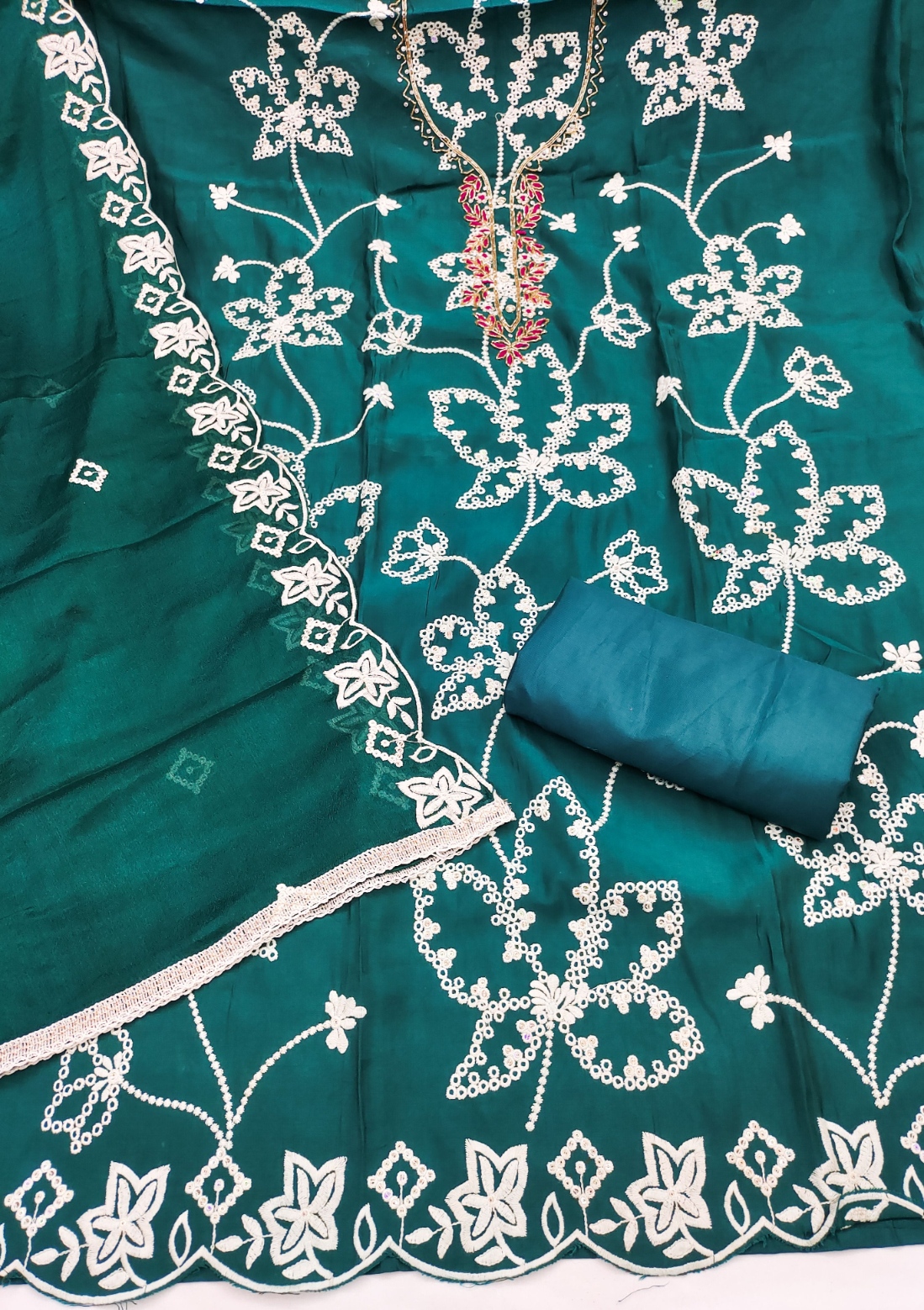 Teal Floral Embroidered Cotton Straight Suit