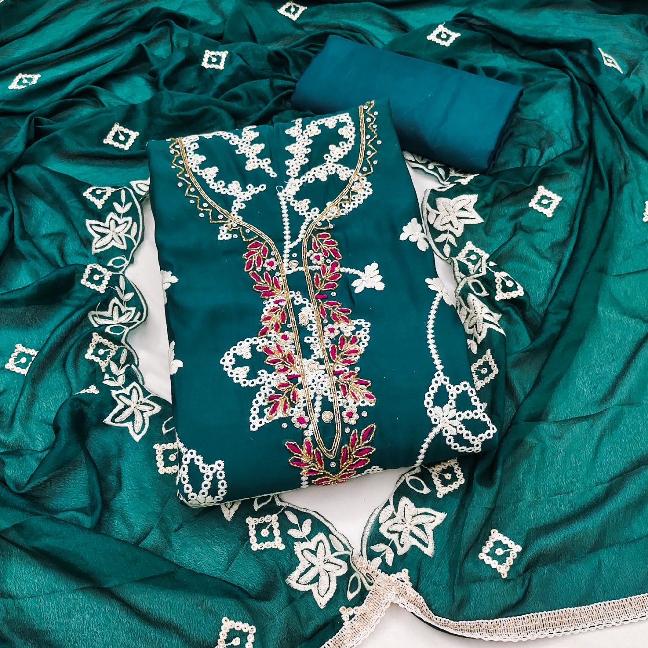 Teal Floral Embroidered Cotton Straight Suit