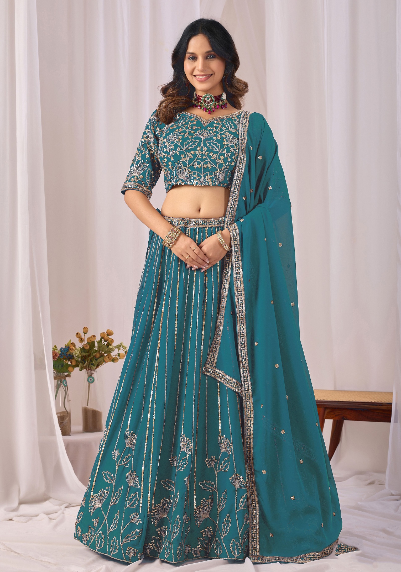 Teal Floral Embroidered Faux Georgette Lehenga Set