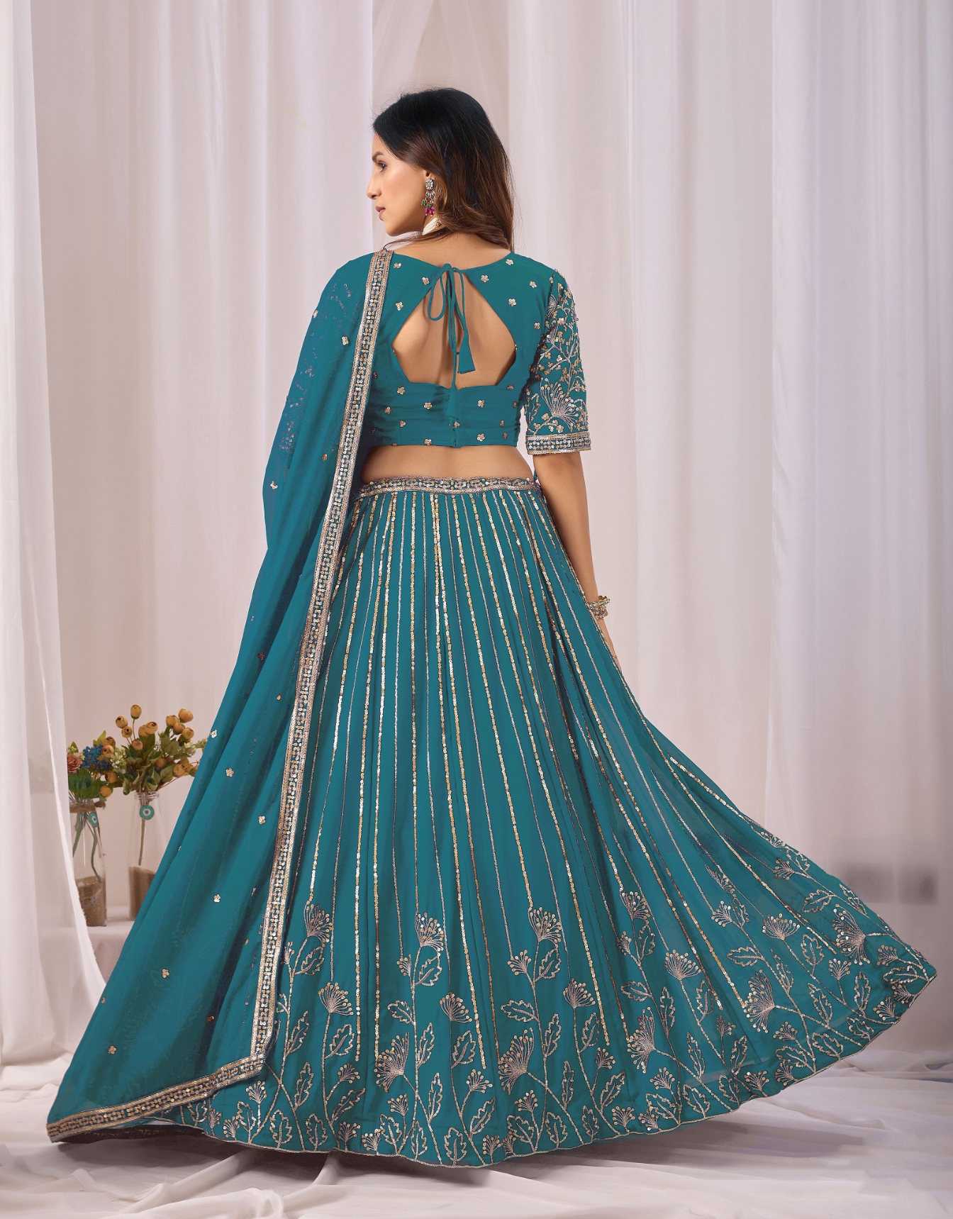 Teal Floral Embroidered Faux Georgette Lehenga Set — alternate view
