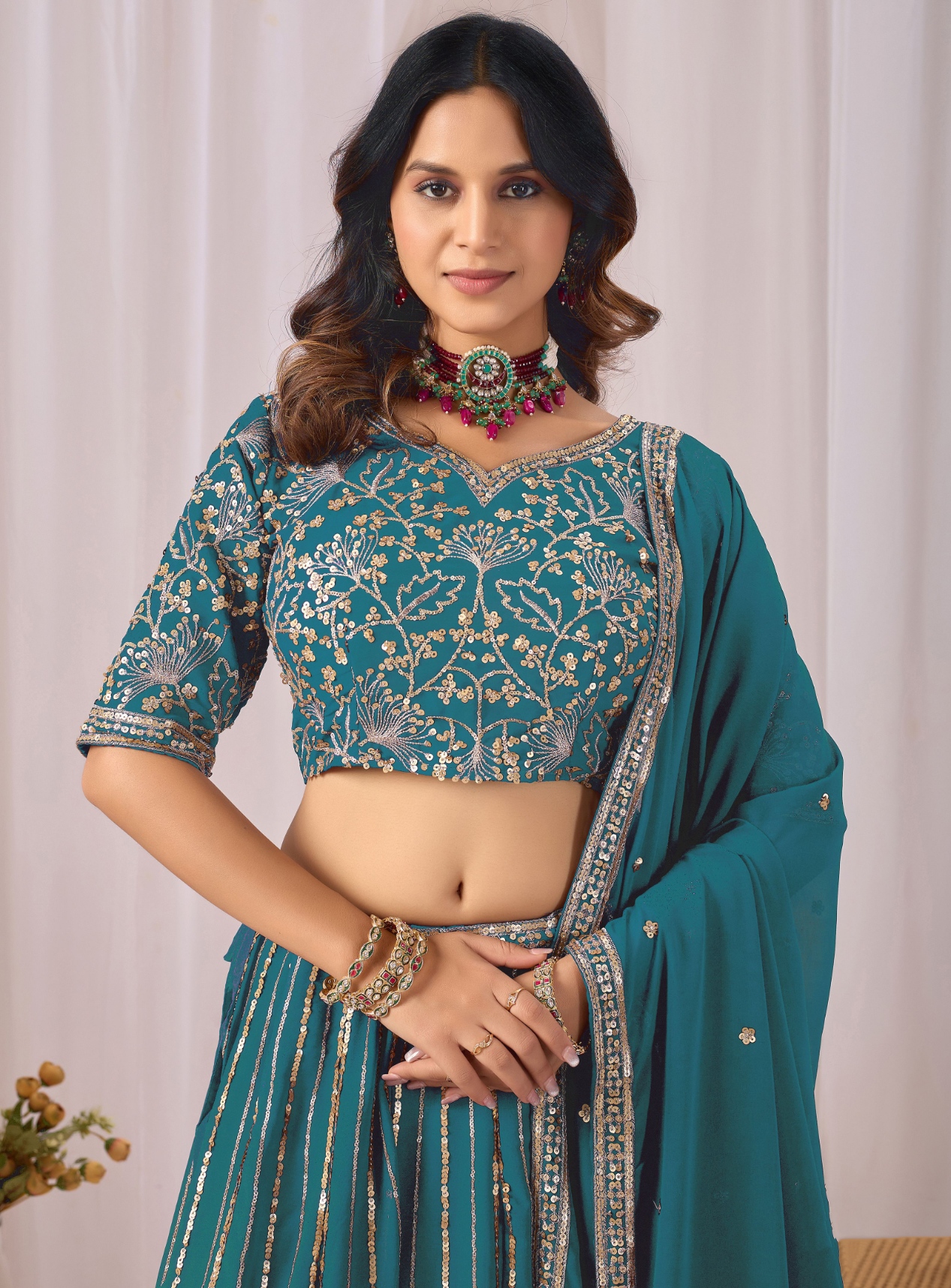 Teal Floral Embroidered Faux Georgette Lehenga Set