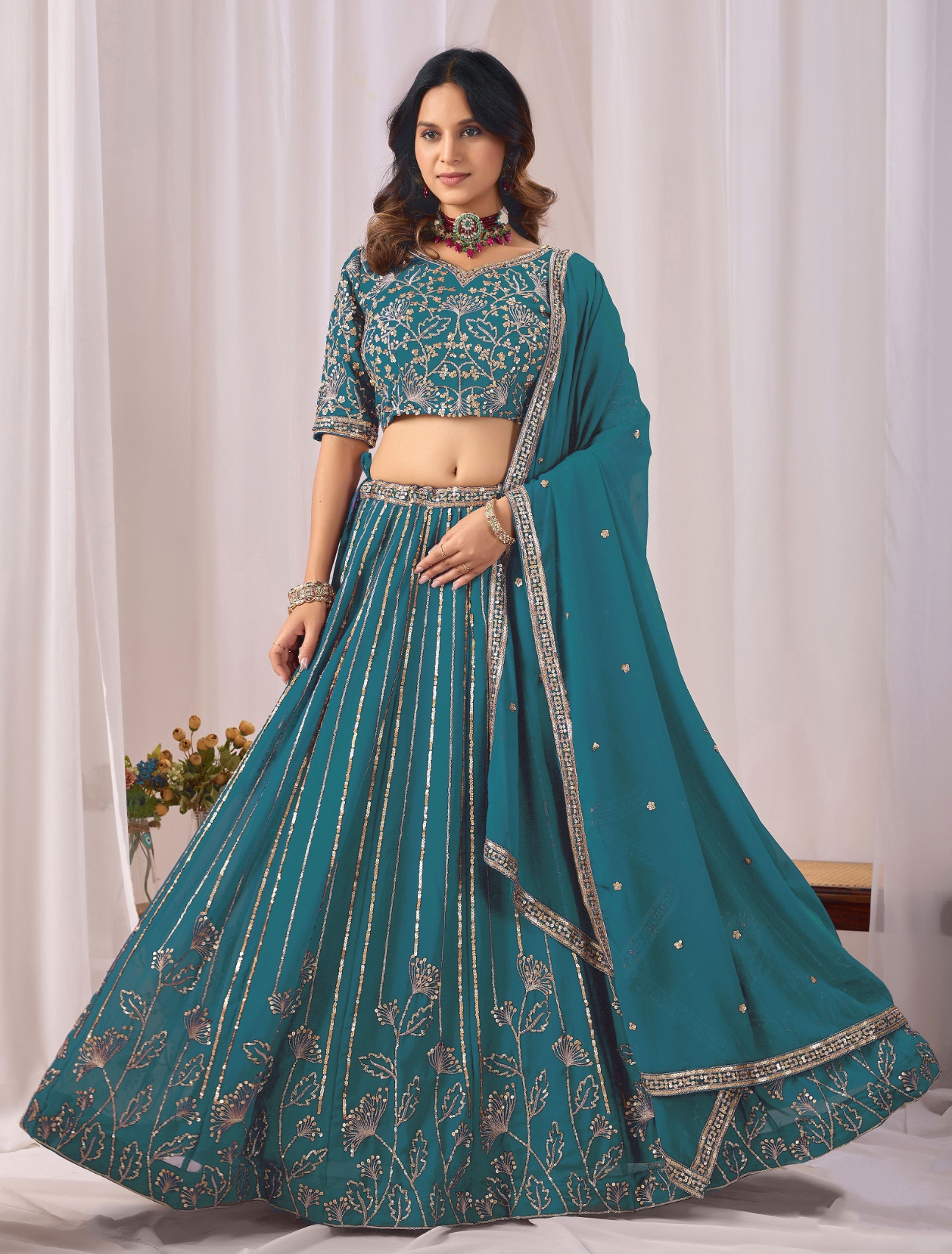 Teal Floral Embroidered Faux Georgette Lehenga Set