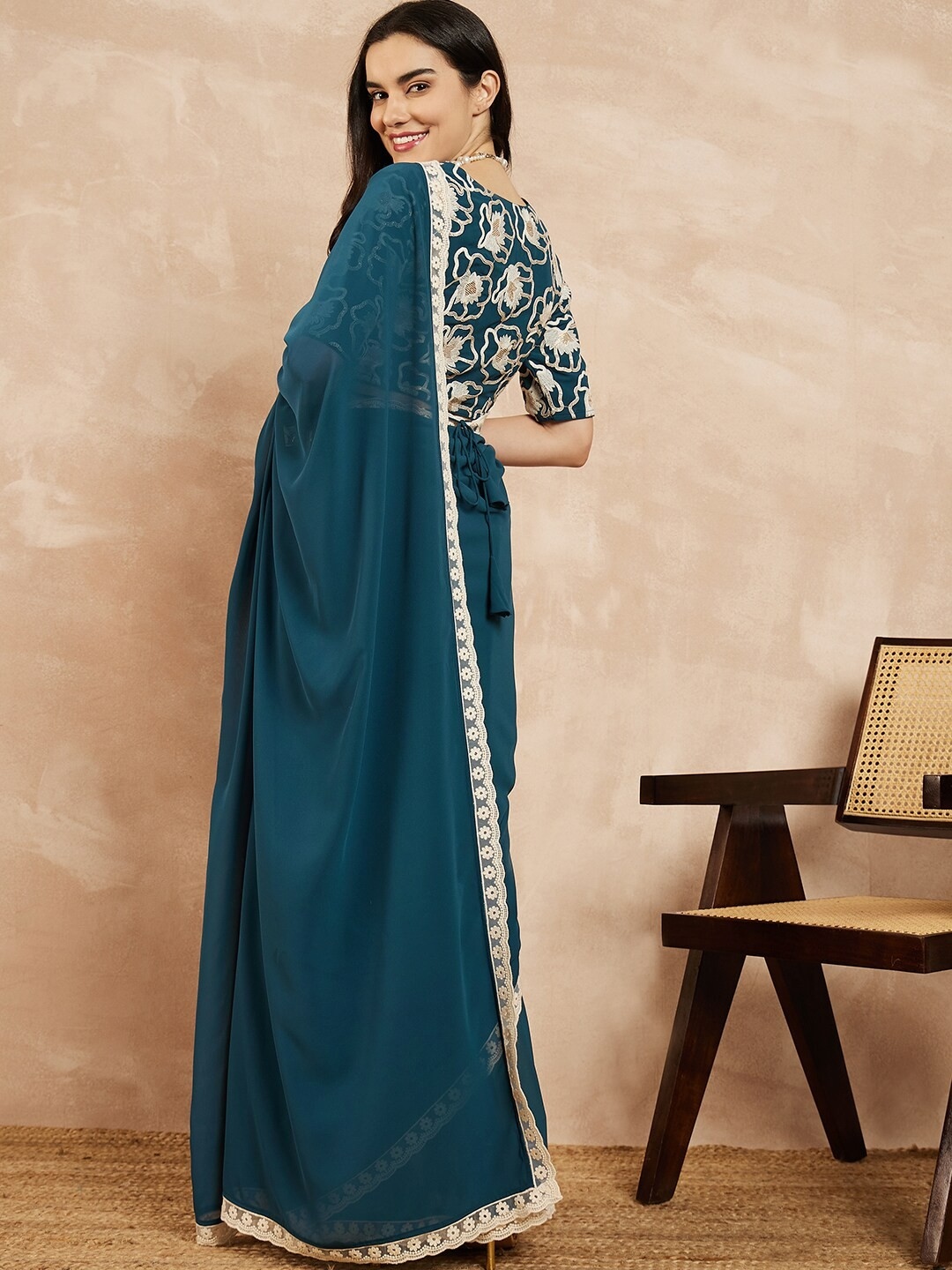 Teal Floral Embroidered Georgette Saree — alternate view