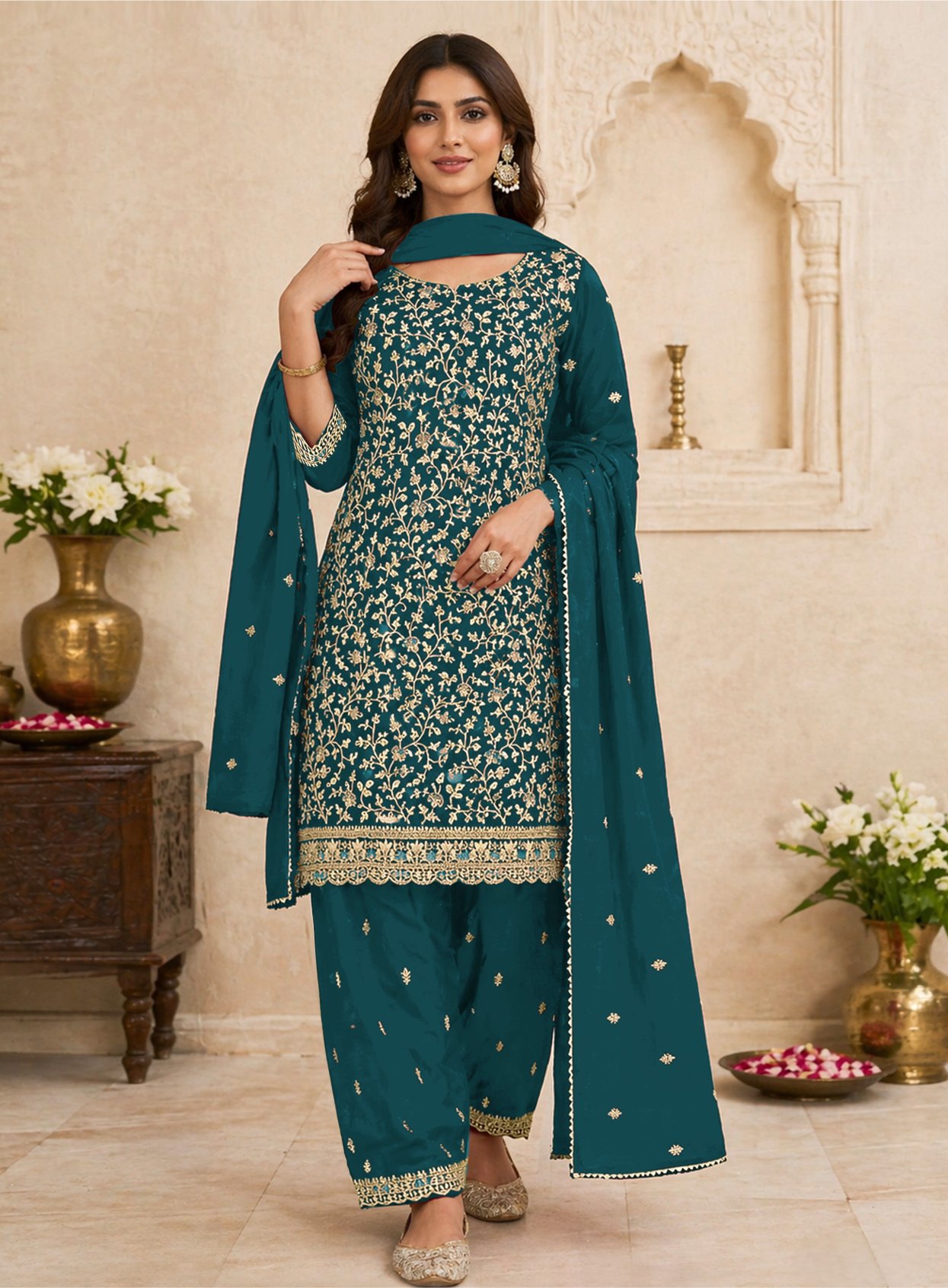 Teal Floral Embroidered Georgette Straight Suit