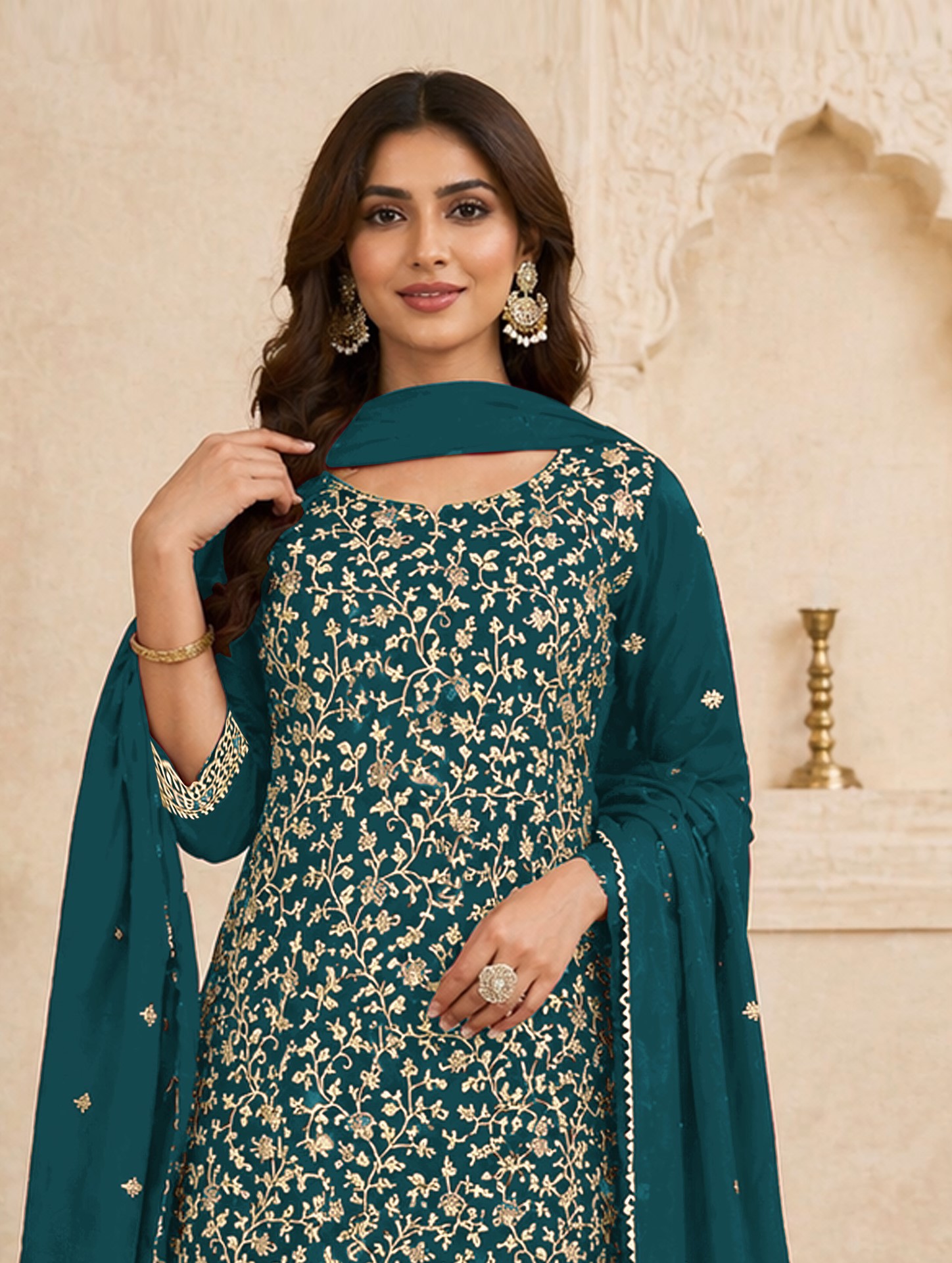 Teal Floral Embroidered Georgette Straight Suit — alternate view