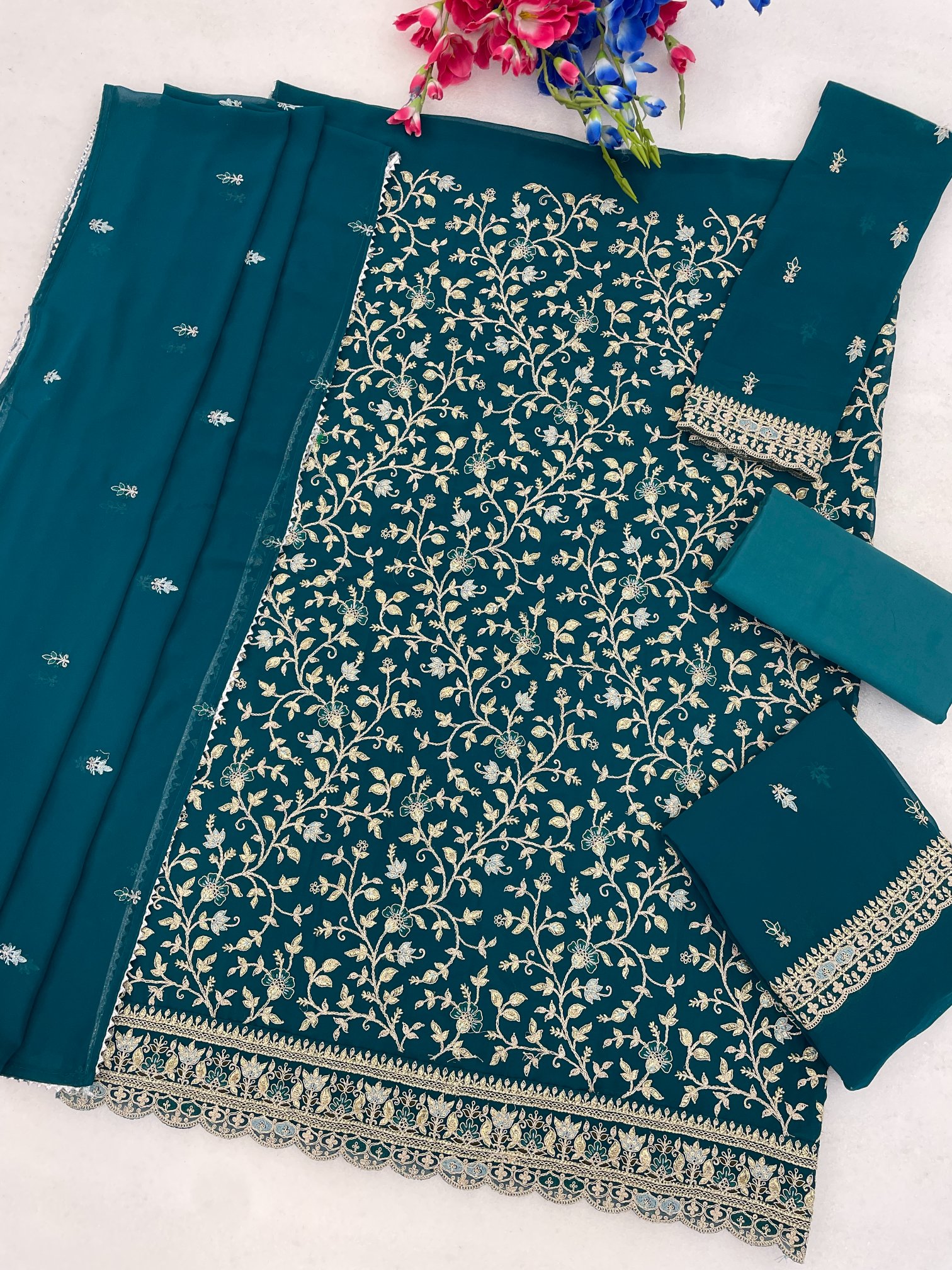 Teal Floral Embroidered Georgette Straight Suit