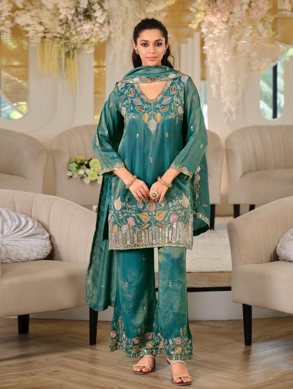 Teal Floral Embroidered Roman Silk Palazzo Suit