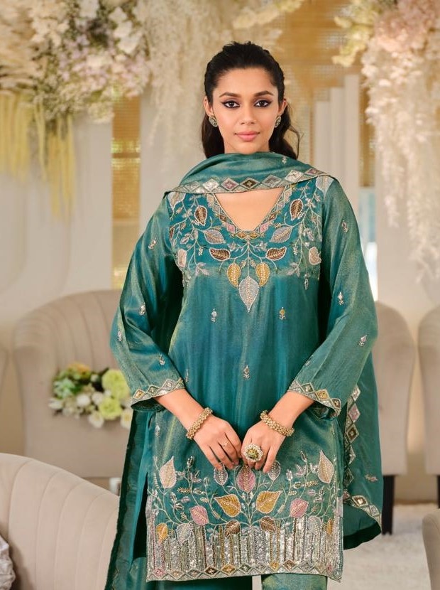 Teal Floral Embroidered Roman Silk Palazzo Suit