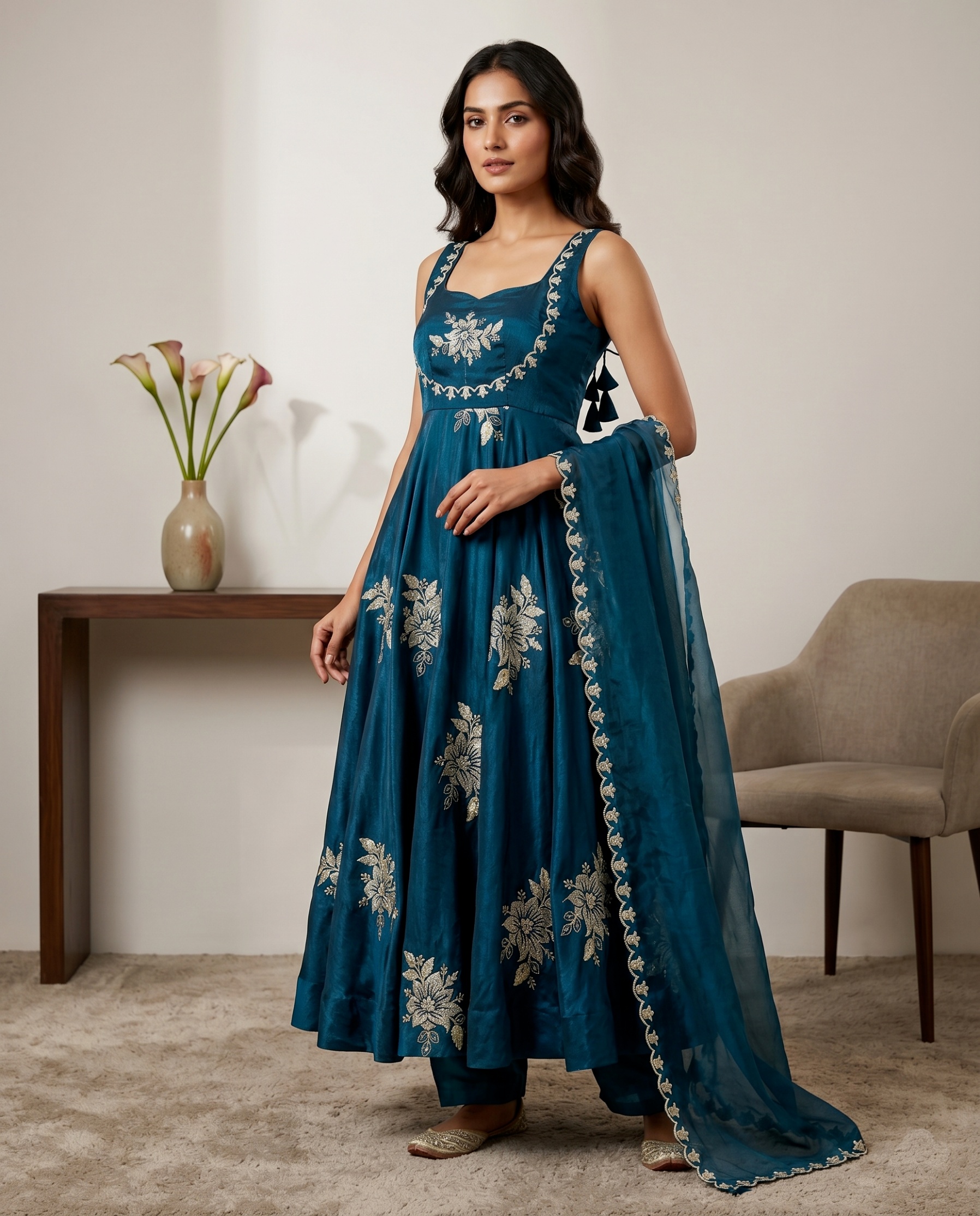 Teal Floral Embroidered Silk Anarkali Suit