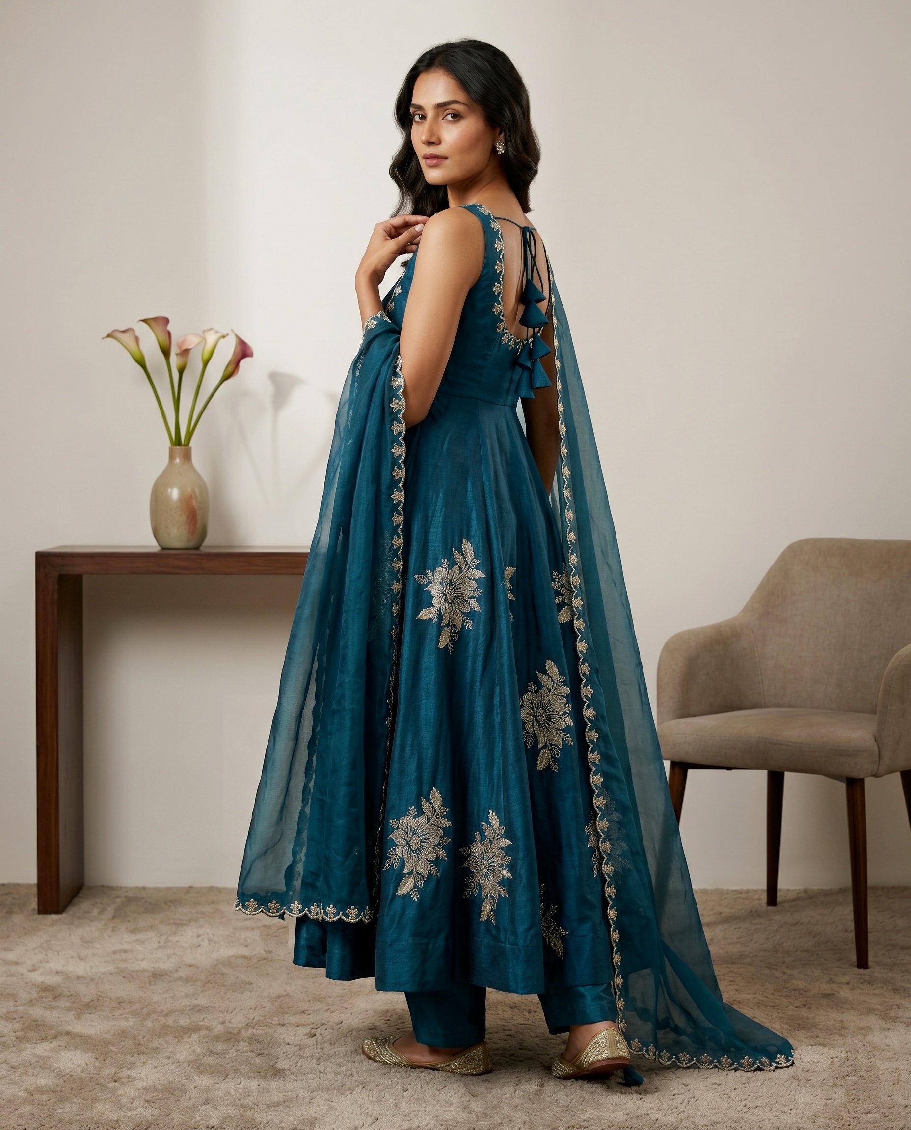 Teal Floral Embroidered Silk Anarkali Suit — alternate view