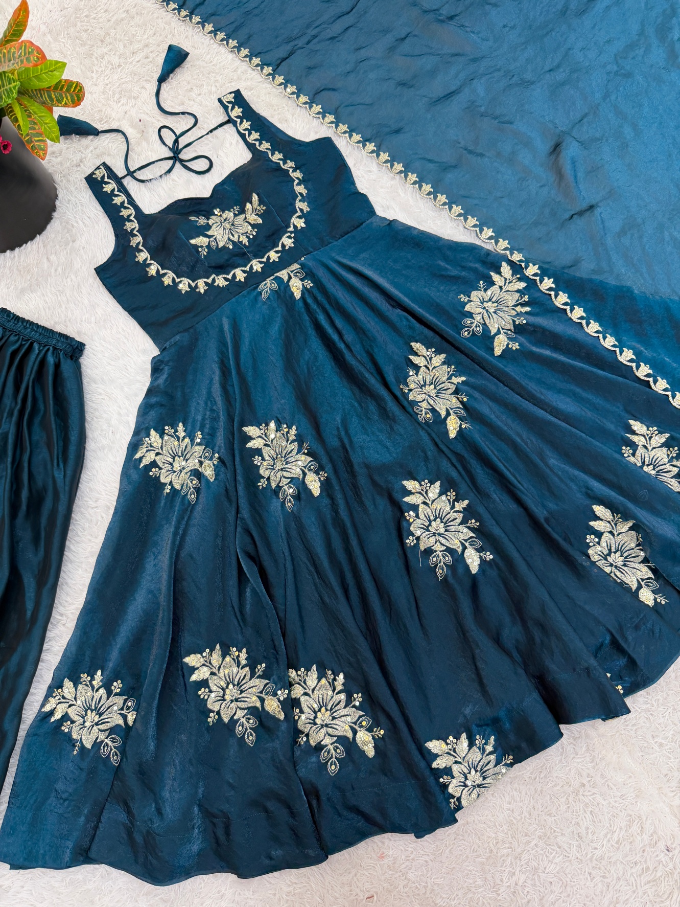 Teal Floral Embroidered Silk Anarkali Suit
