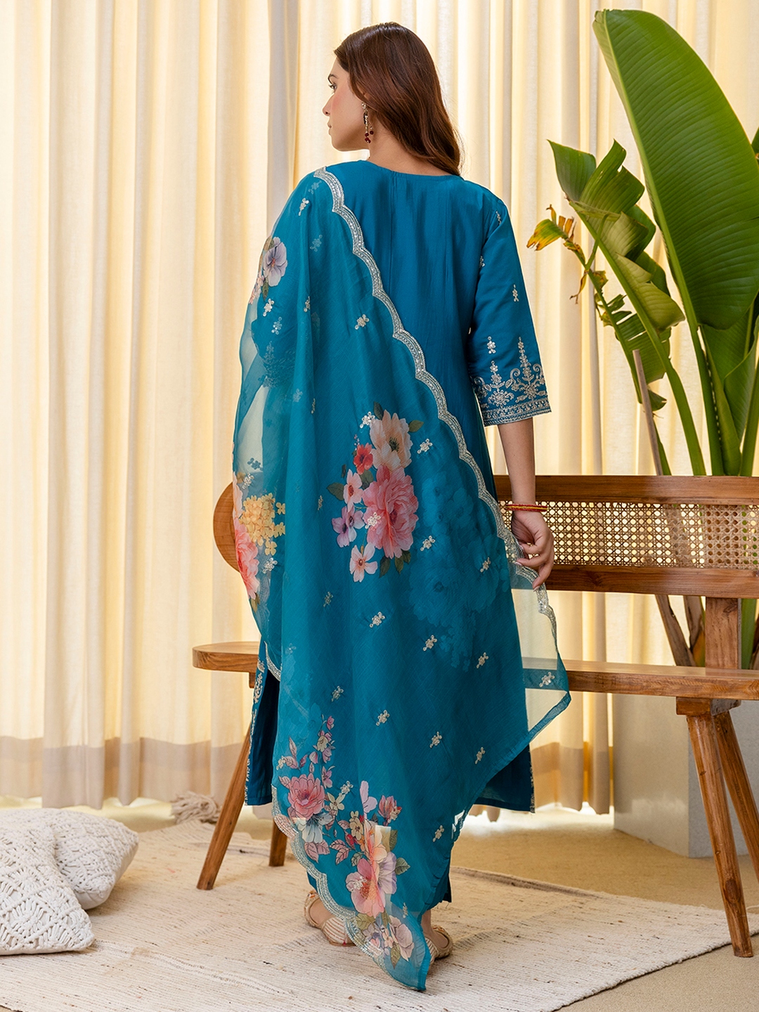 Teal Floral Embroidered Silk Blend Salwar Suit — alternate view