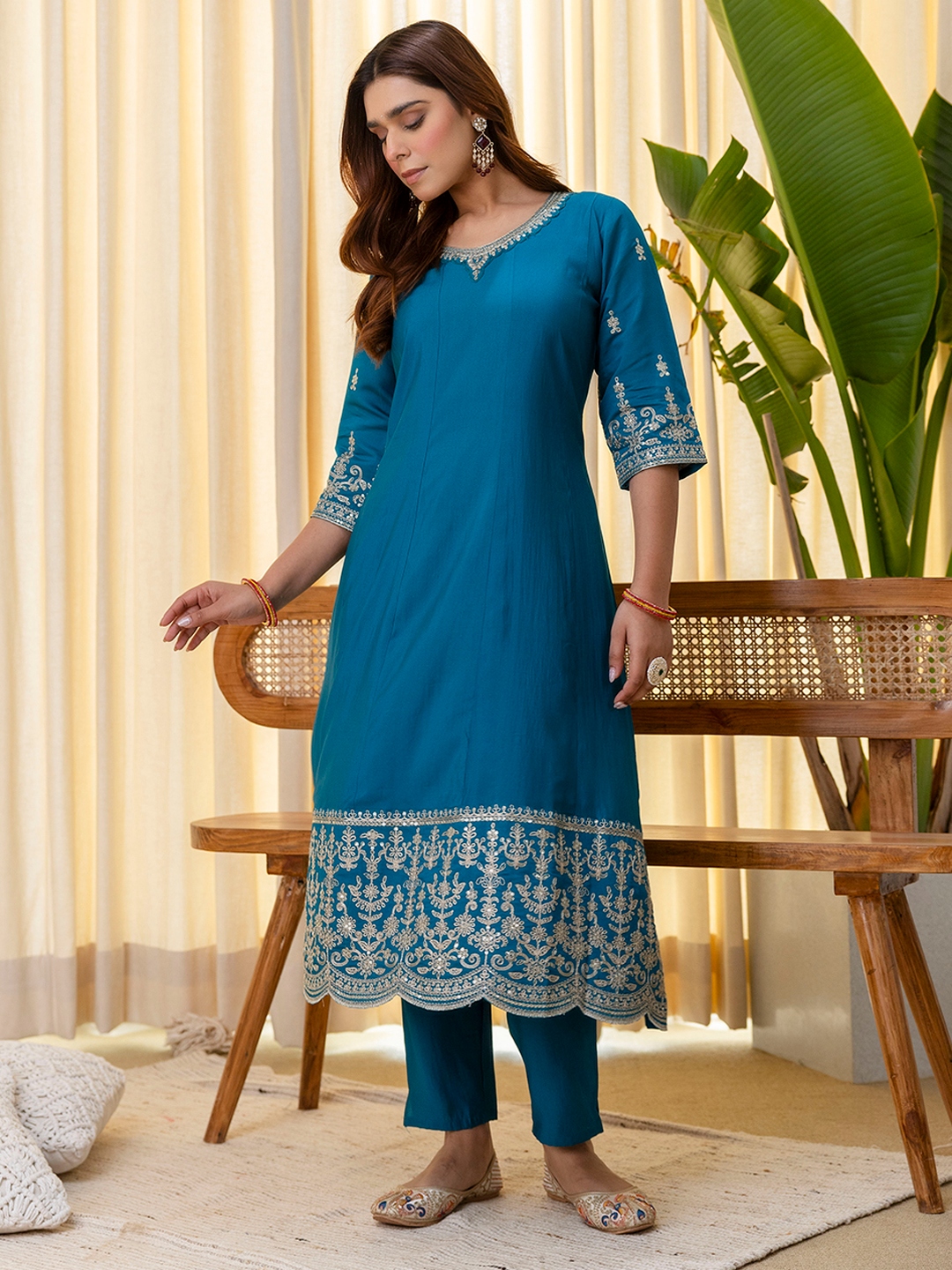 Teal Floral Embroidered Silk Blend Salwar Suit