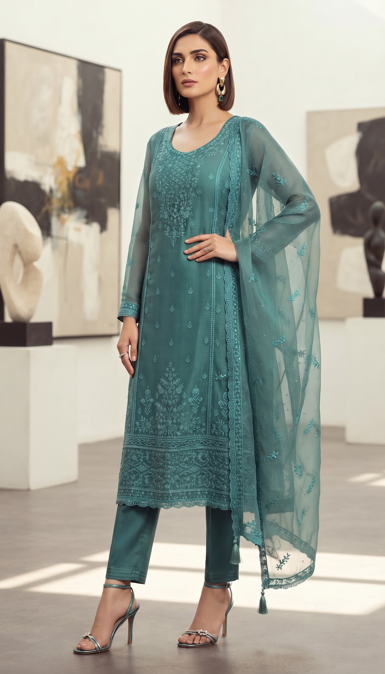 Teal Floral Embroidered Straight Suit