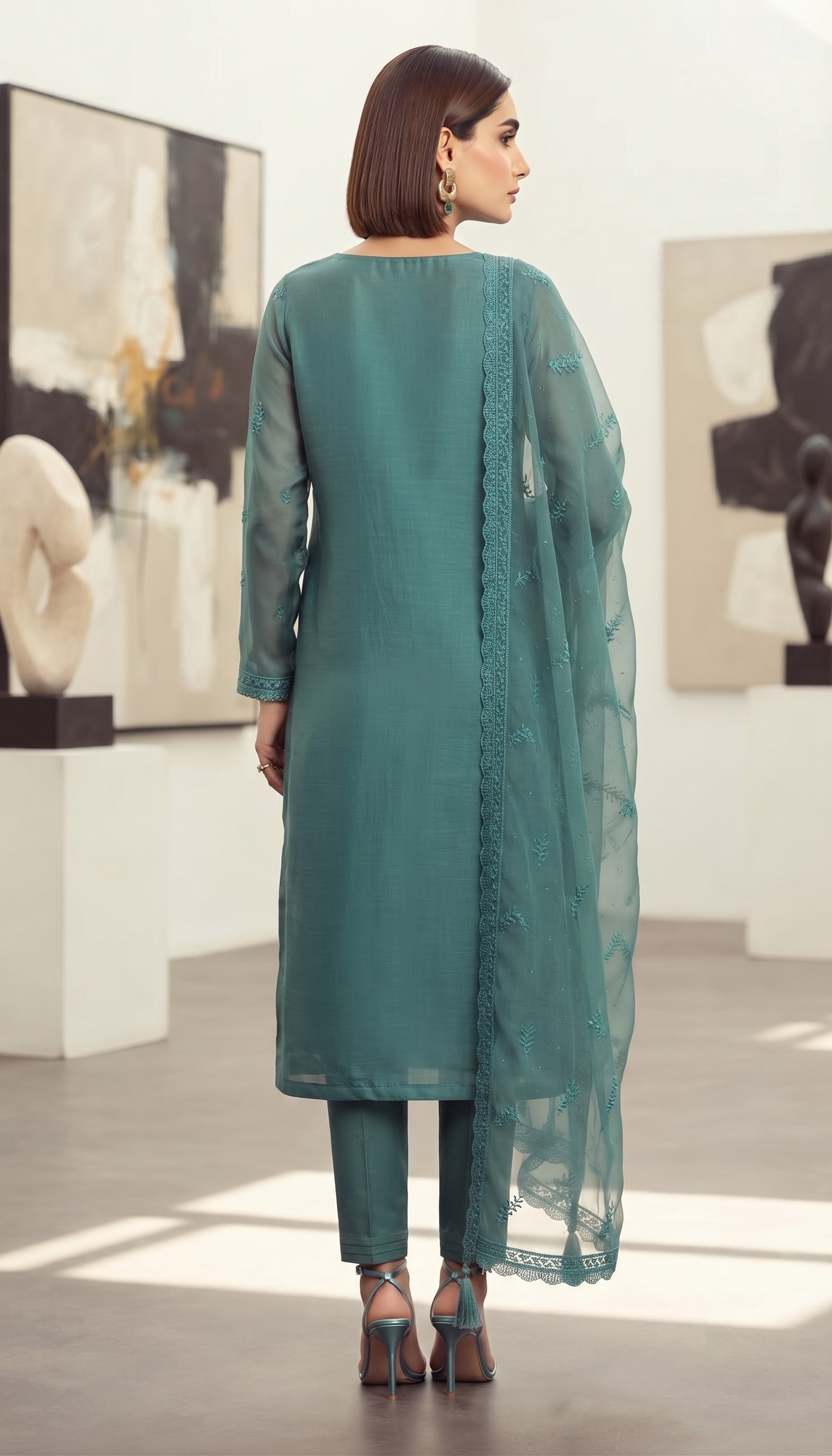 Teal Floral Embroidered Straight Suit
