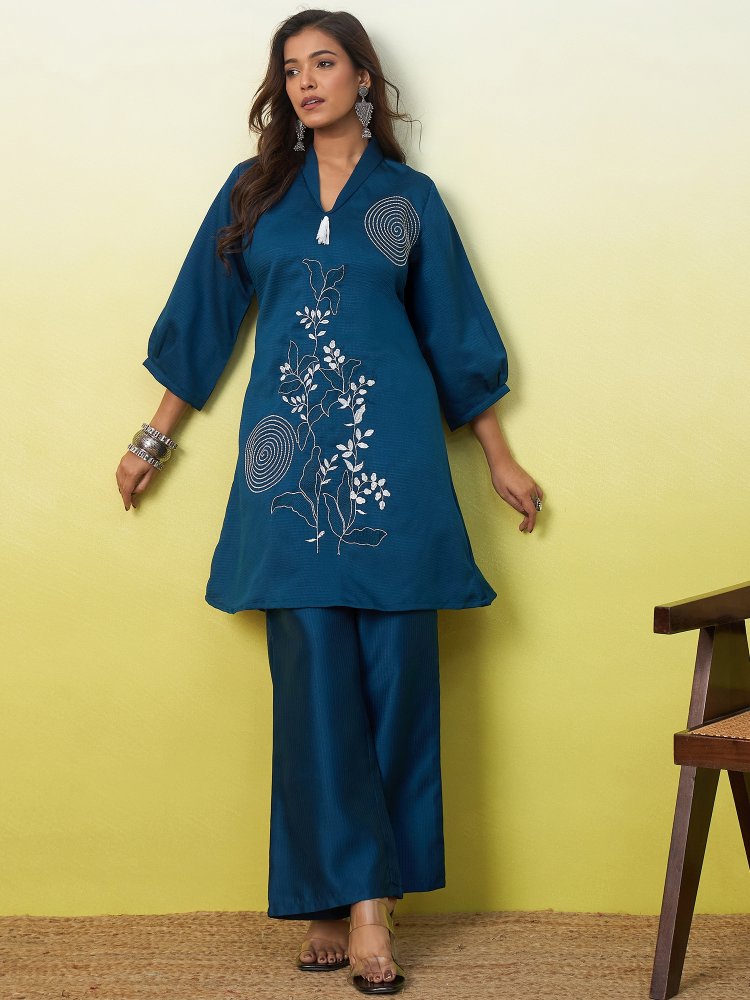 Teal Floral Embroidered Viscose Rayon Co-Ord Set