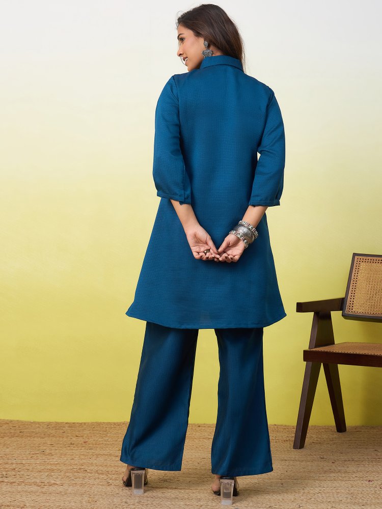 Teal Floral Embroidered Viscose Rayon Co-Ord Set — alternate view