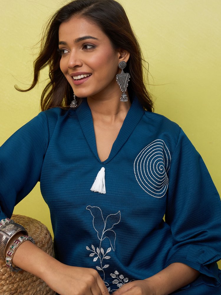 Teal Floral Embroidered Viscose Rayon Co-Ord Set